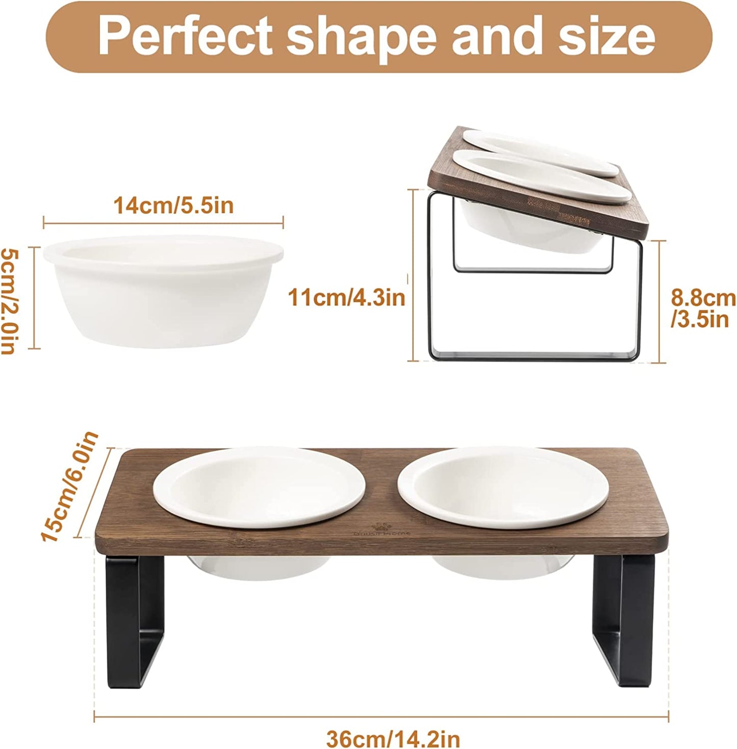 Elevated Cat Bowls, Raised Ceramic Cats Puppy Dishes for Food and Water, Tilted Bamboo Stand for Anti Vomiting, Indoor 5.5 inch Wide Dish for Whisker Friendly