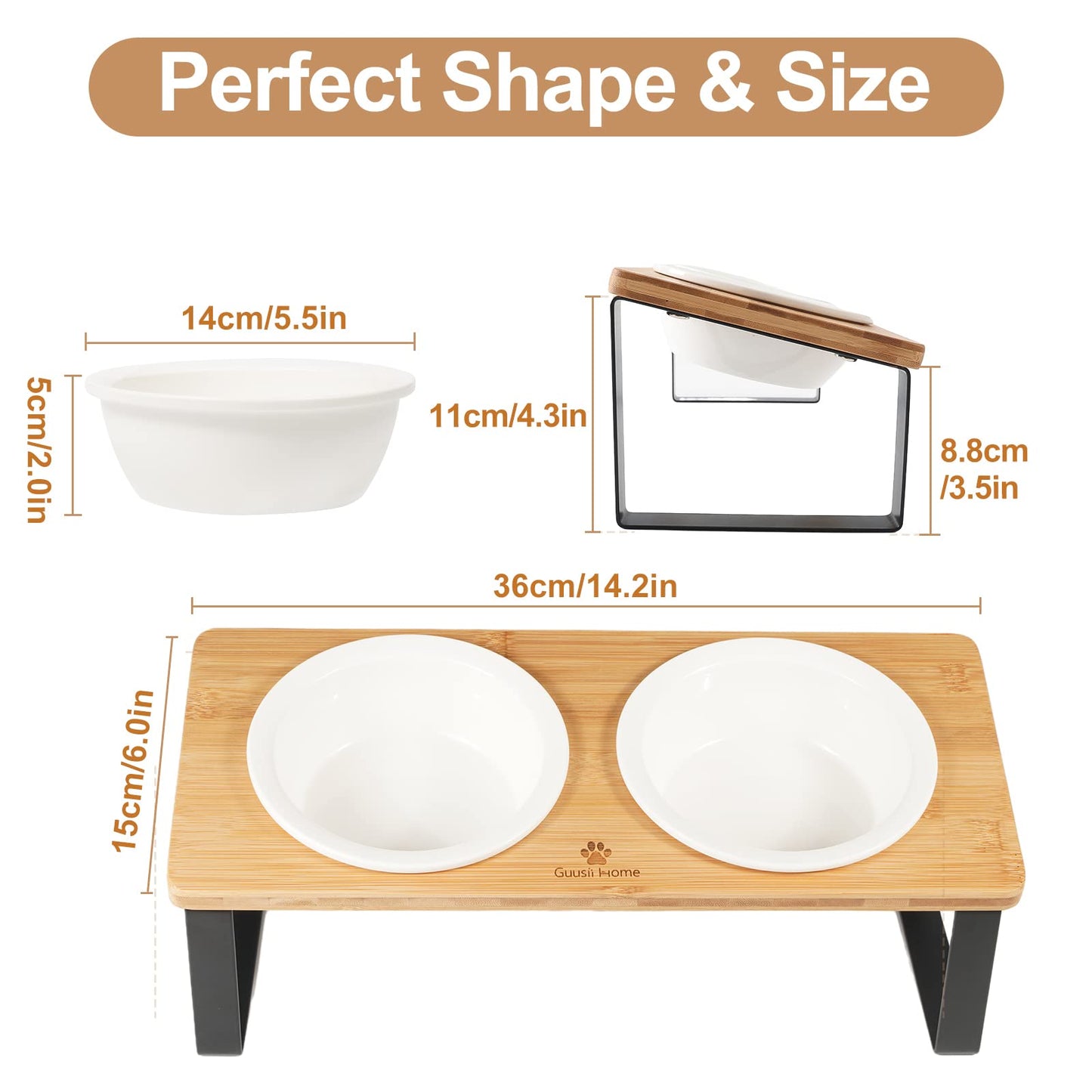 Elevated Cat Bowls, Raised Ceramic Cats Puppy Dishes for Food and Water, Tilted Bamboo Stand for Anti Vomiting, Indoor 5.5 inch Wide Dish for Whisker Friendly