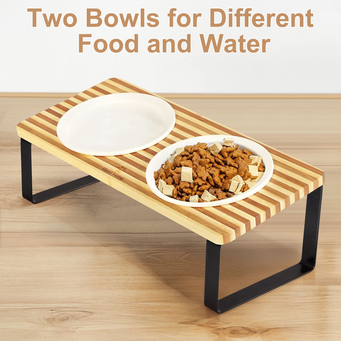 Elevated Cat Bowls, Raised Ceramic Cats Puppy Dishes for Food and Water, Tilted Bamboo Stand for Anti Vomiting, Indoor 5.5 inch Wide Dish for Whisker Friendly