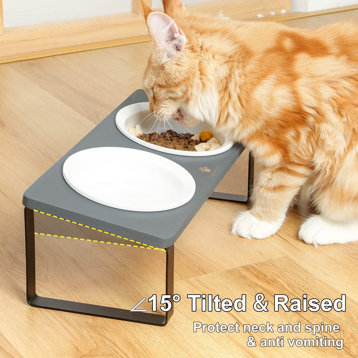 Elevated Cat Bowls, Raised Ceramic Cats Puppy Dishes for Food and Water, Tilted Bamboo Stand for Anti Vomiting, Indoor 5.5 inch Wide Dish for Whisker Friendly