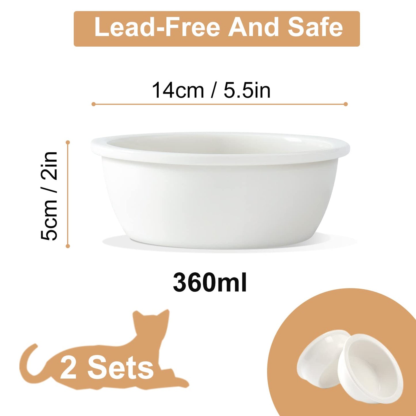 2 PCS Replacement Ceramic cat Bowls with 5.5in/14cm Outer Diameter, Microwave and Dishwasher Safe