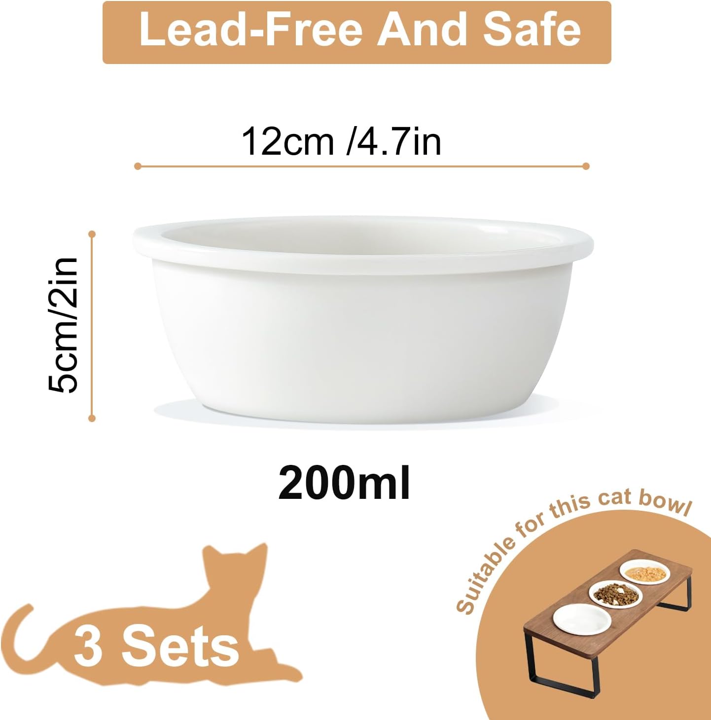 3 PCS Replacement Ceramic cat Bowls with 4.7in/12cm Outer Diameter, Microwave and Dishwasher Safe