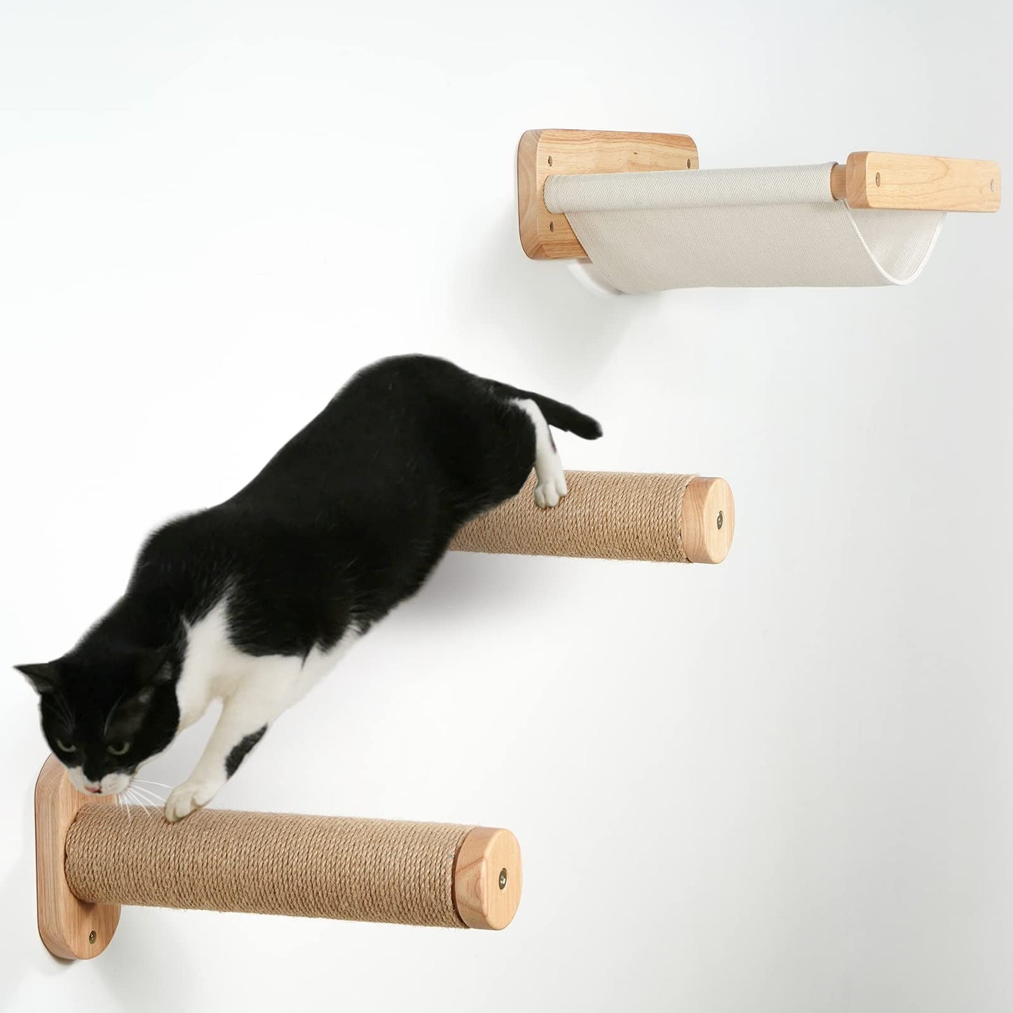 Cat Wall Climber Shelf with 2 Scratcher, Cat Shelves and Perches for Wall with 2 Cat Scratching Post, Cat Wall Perch Bed 15.7"L X 13"W Holding up to 40 lbs, Wall Mounted Cat Furniture and 2 Climbing Stairs