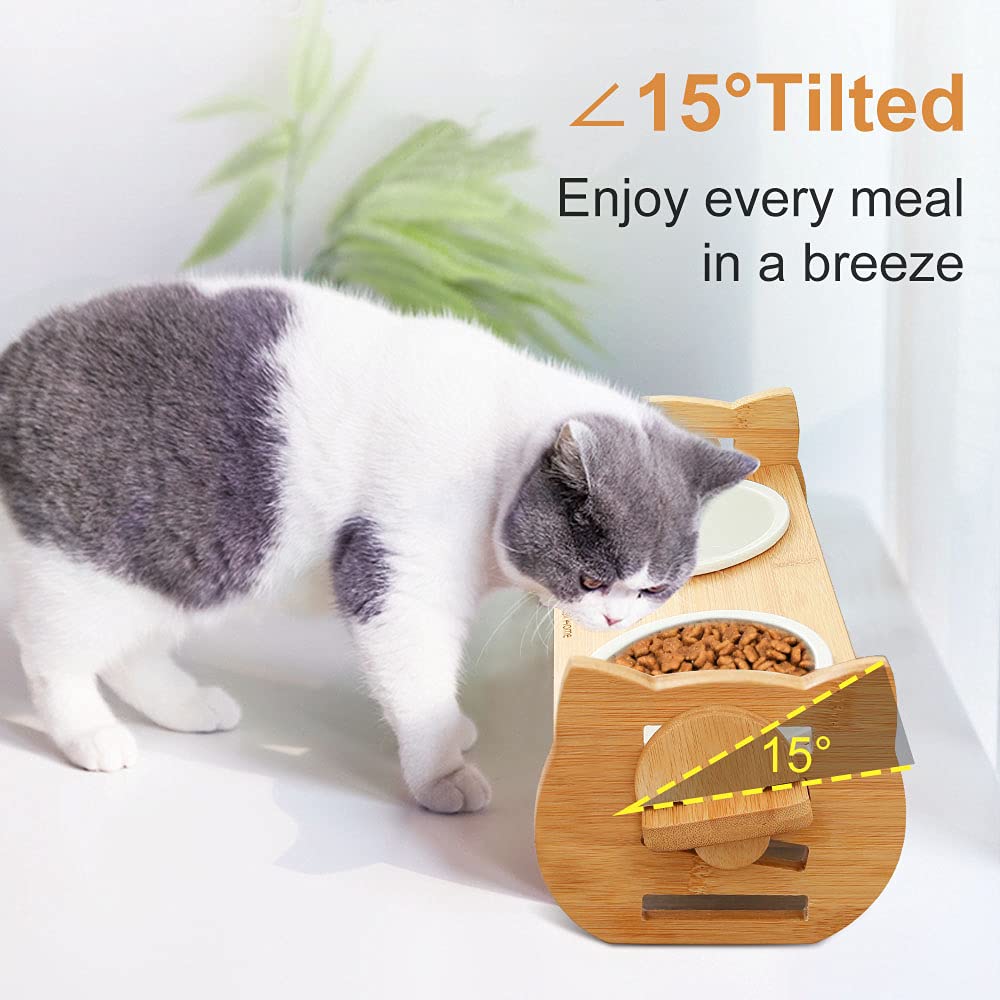 Raised Cat Food Bowl for Food Water Tilted Kitty Dishes Stand Elevated Set of 2 for Indoor Cats Ceramic Dish Whisker Fatigue Friendly Orthopedic Anti Vomiting Pet Feeder Easy Assembly