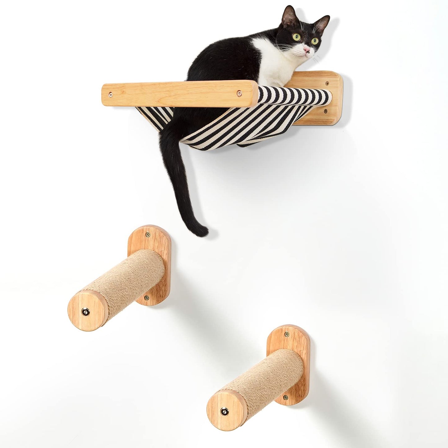 Cat Wall Climber Shelf with 2 Scratcher, Cat Shelves and Perches for Wall with 2 Cat Scratching Post, Cat Wall Perch Bed 15.7"L X 13"W Holding up to 40 lbs, Wall Mounted Cat Furniture and 2 Climbing Stairs