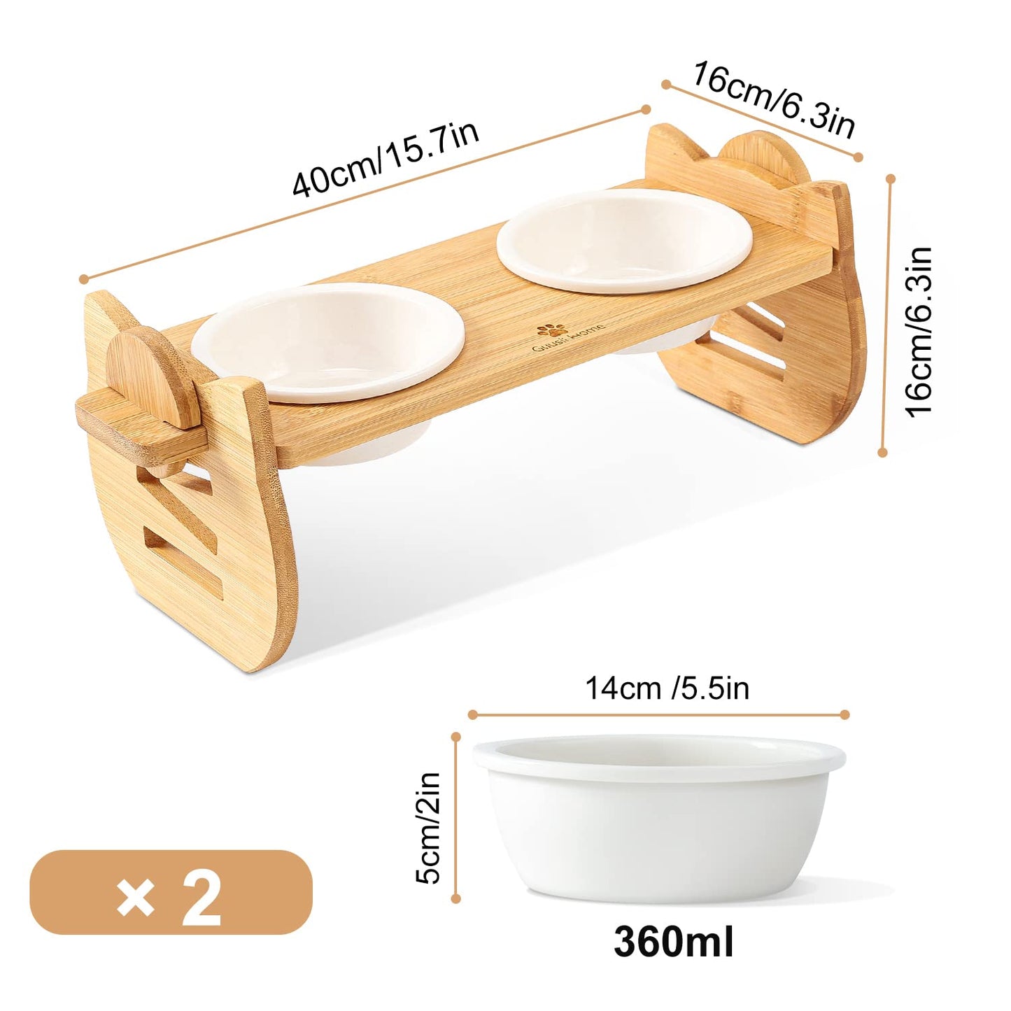 Raised Cat Food Bowl for Food Water Tilted Kitty Dishes Stand Elevated Set of 2 for Indoor Cats Ceramic Dish Whisker Fatigue Friendly Orthopedic Anti Vomiting Pet Feeder Easy Assembly