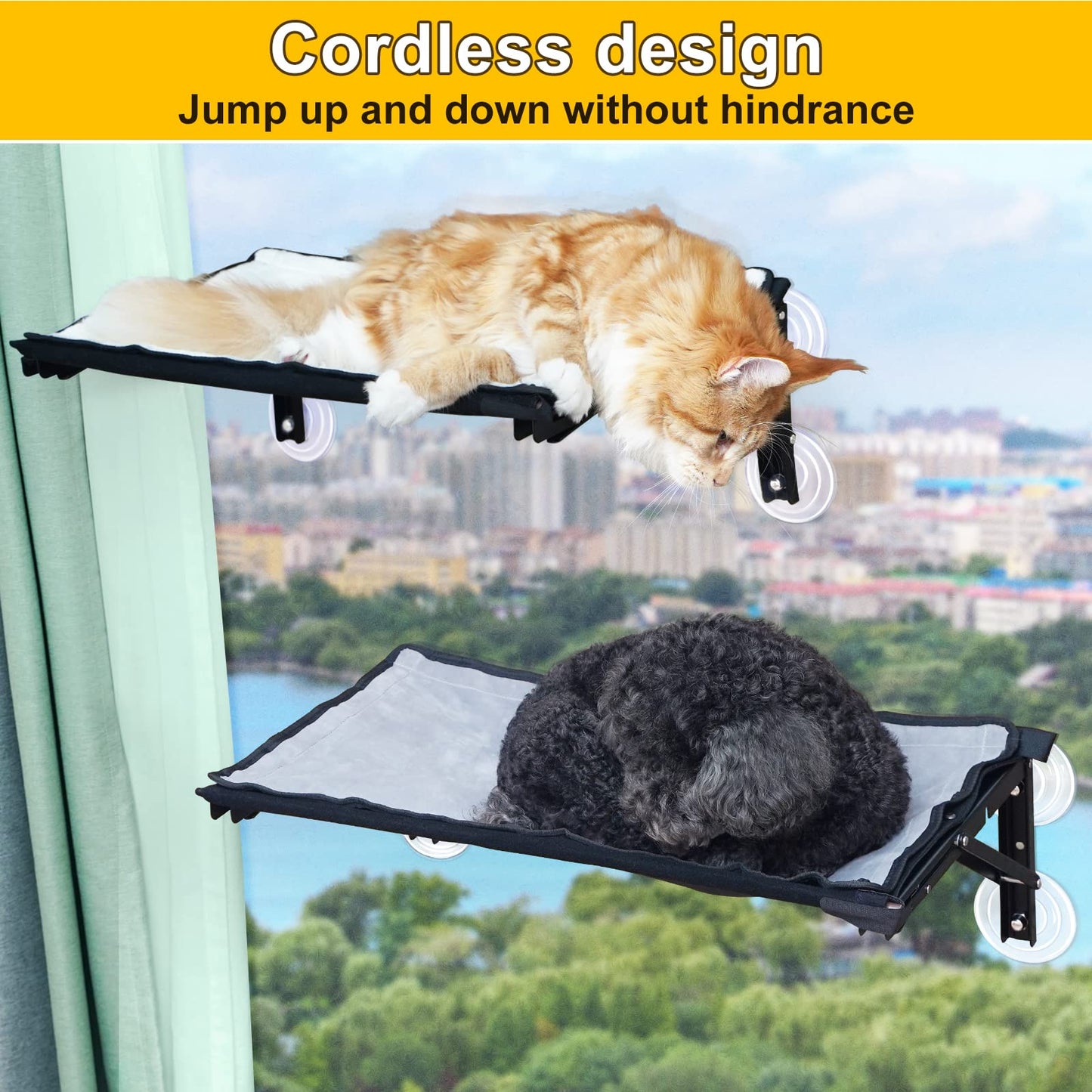 Cat Hammock for Window Perch Cordless Window Bed for 2 Cats Puppies Inside No Drill Kitten Window Sill Ledge Shelves Folding Design Space-Saving Heavy Duty with Sturdy Iron Frame