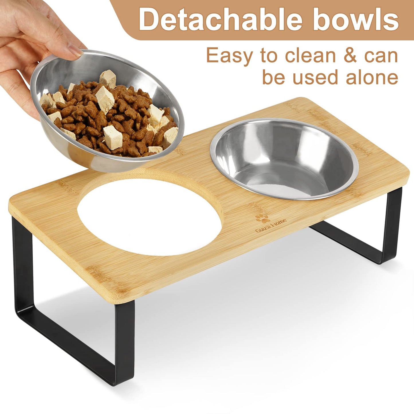 Elevated Cat Bowls Raised Puppy Dishes for Food and Water 2 Stainless Steel Kitty Bowls Set with 15° Tilted Bamboo Feeding Stand for Indoor Cats Small Dogs Anti Vomit