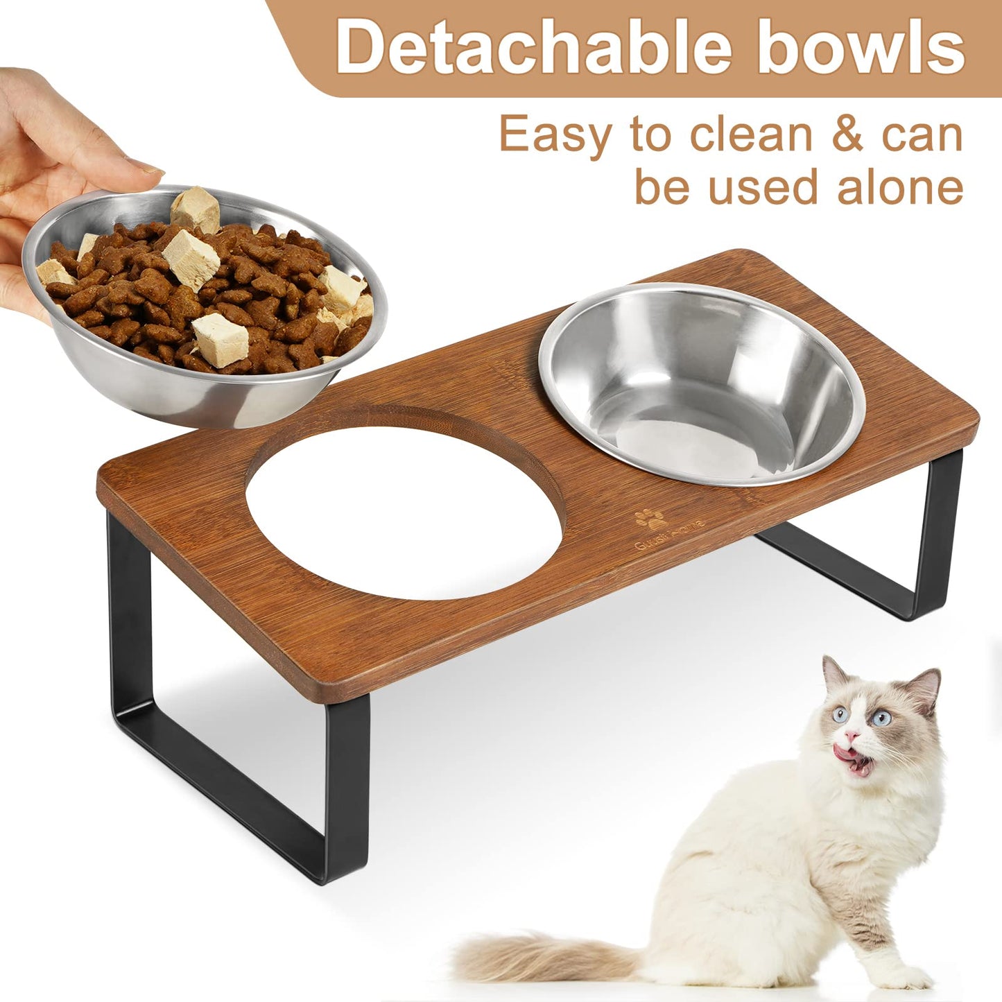 Elevated Cat Bowls Raised Puppy Dishes for Food and Water 2 Stainless Steel Kitty Bowls Set with 15° Tilted Bamboo Feeding Stand for Indoor Cats Small Dogs Anti Vomit