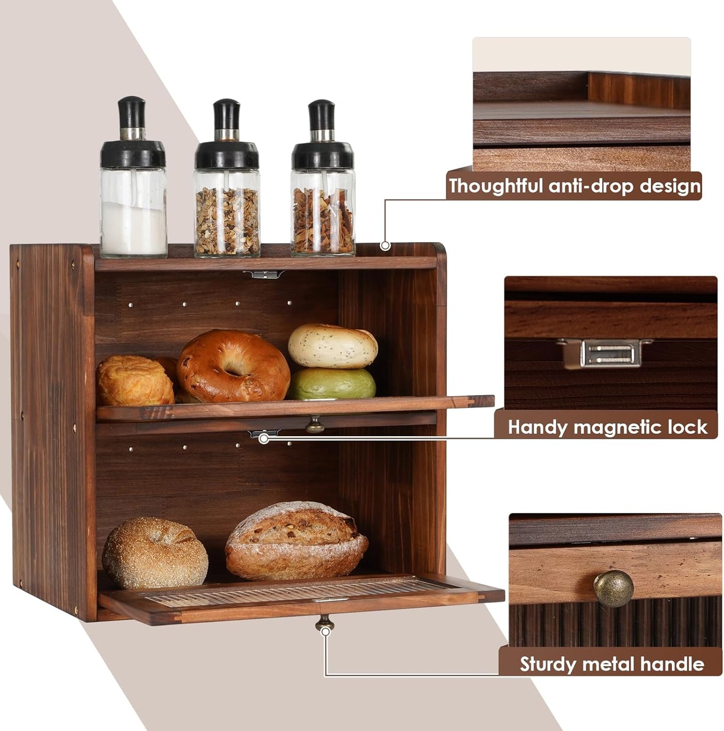 Bread Box Storage Container Double Layer Bin to Keep Bread Fresh Extra Large Morden Bread Boxes for Kitchen Counter Rustic Wood Seasoning Organizer Retro Corner Holder with Lid Airtight