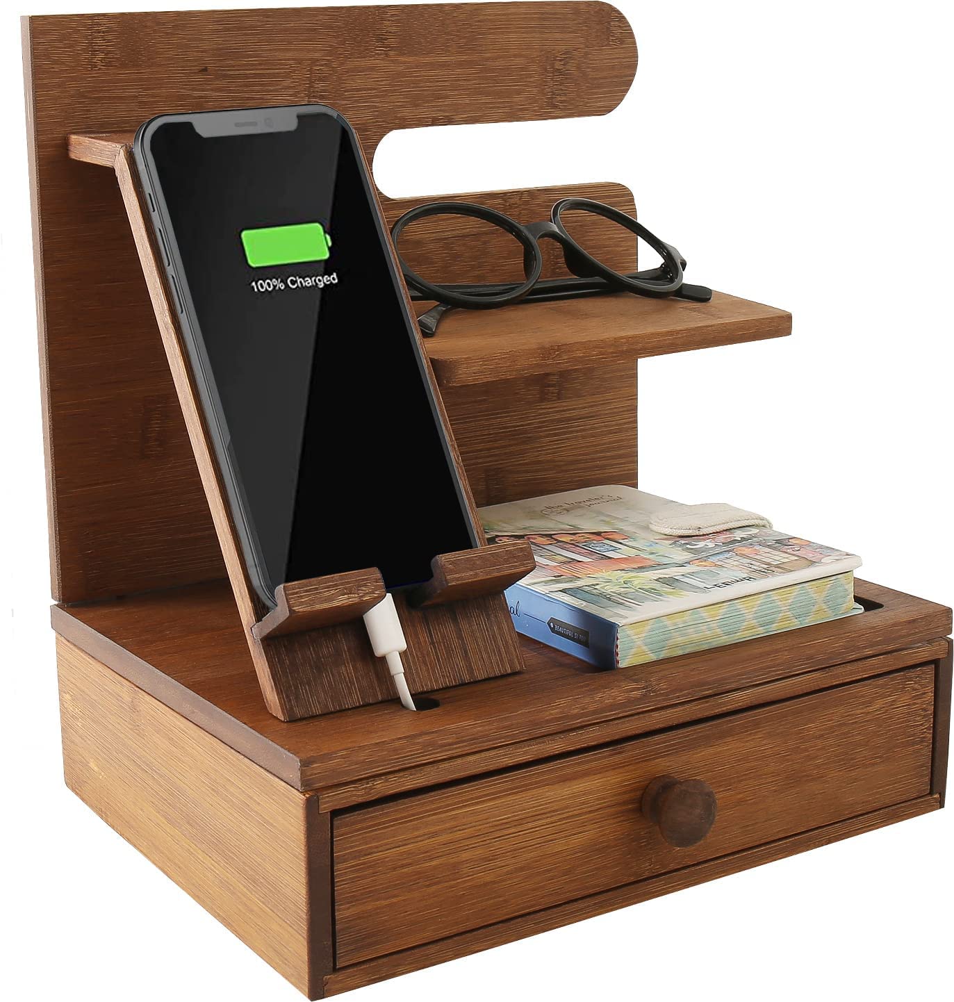 Bamboo Desktop Phone Docking Station with Drawer Nightstand Organizer Home&Office Multifunction Wallet Stand Glasses Watch Holder Gift Idea Men Husband Daddy Valentines Father’s Day Christmas Birthday