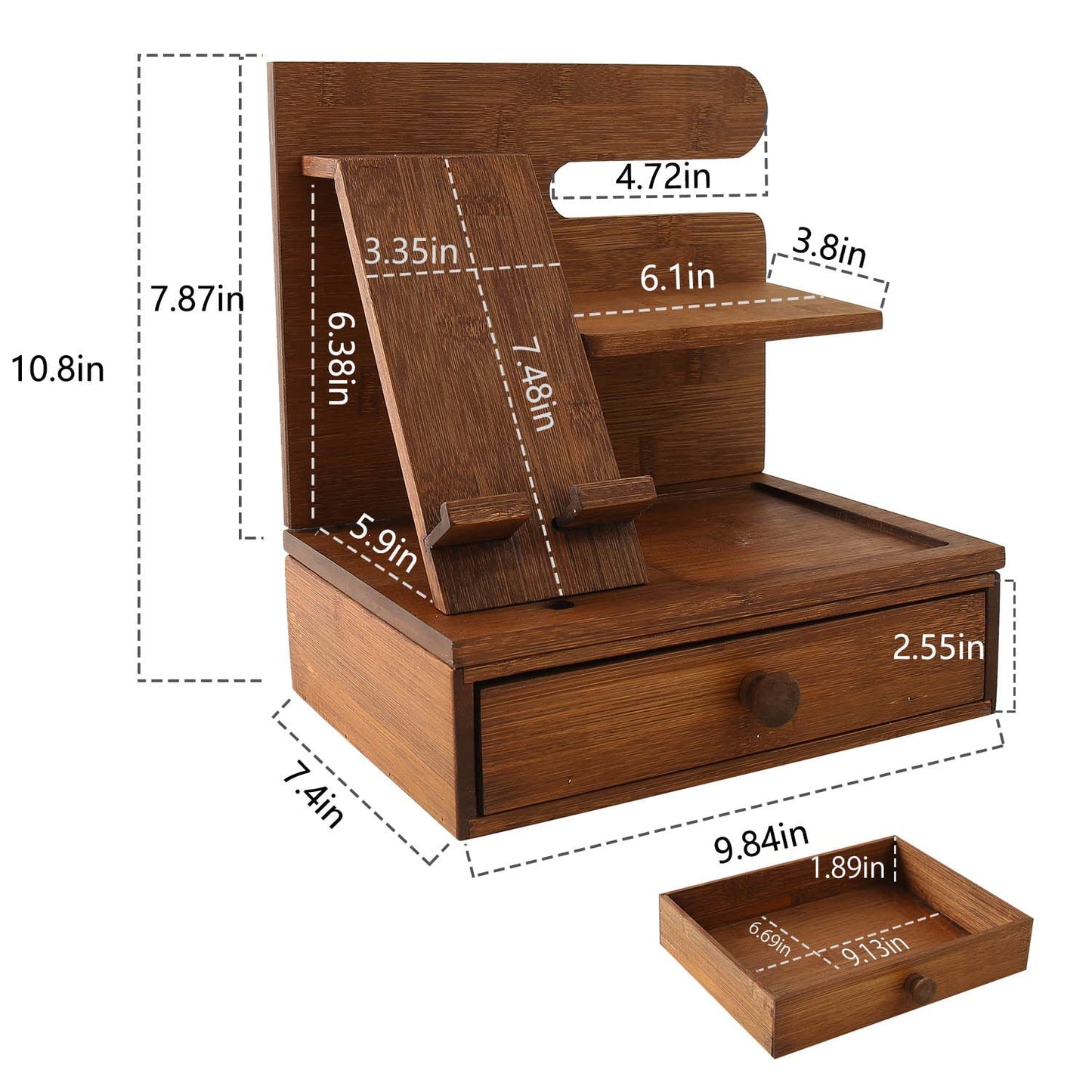 Bamboo Desktop Phone Docking Station with Drawer Nightstand Organizer Home&Office Multifunction Wallet Stand Glasses Watch Holder Gift Idea Men Husband Daddy Valentines Father’s Day Christmas Birthday