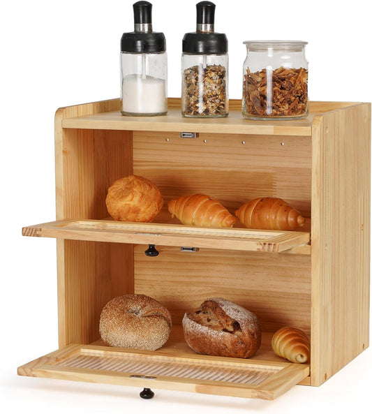 Bread Box Storage Container Double Layer Bin to Keep Bread Fresh Extra Large Morden Bread Boxes for Kitchen Counter Rustic Wood Seasoning Organizer Retro Corner Holder with Lid Airtight