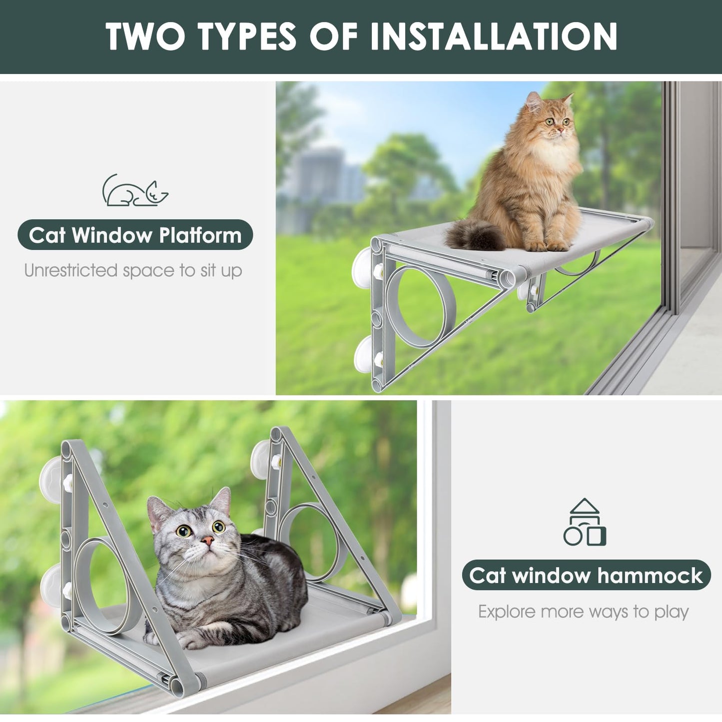 Sunhoo Cat Window Hammock Bed Cordless Cat Perch Window Sill Seat for Large Indoor Cats Sturdy Kitten Shelf Suction Cup Sunbathing Ledge Hold up to 44lbs/48.5lbs Easy to Assemble 22.64 * 13 * 13''/27.56 * 13 * 13''