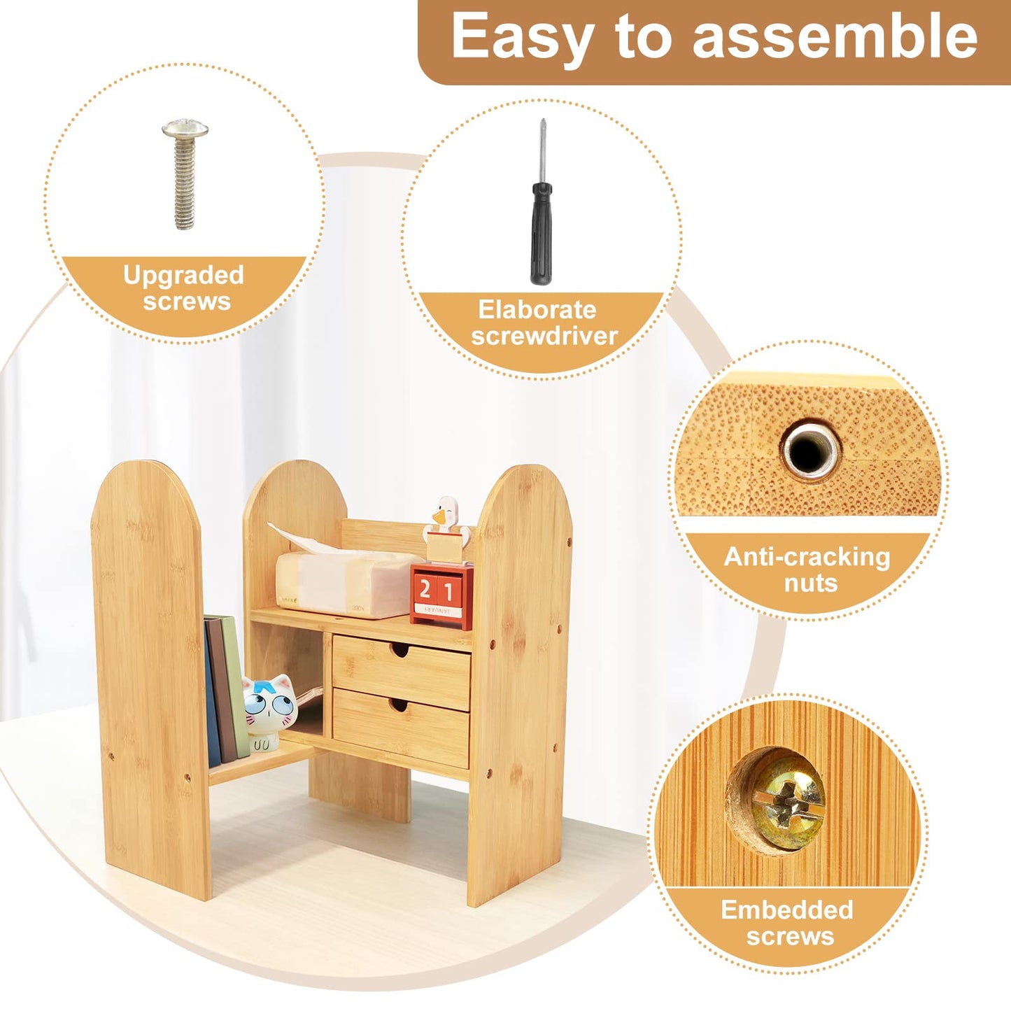 Desktop Bookshelf Organizer for office Desk Shelf with Drawers for Bedroom Dresser Adjustalbe Bamboo Shelves for Balcony Small Storage for Kitchen Standing Shelf for Plants Books