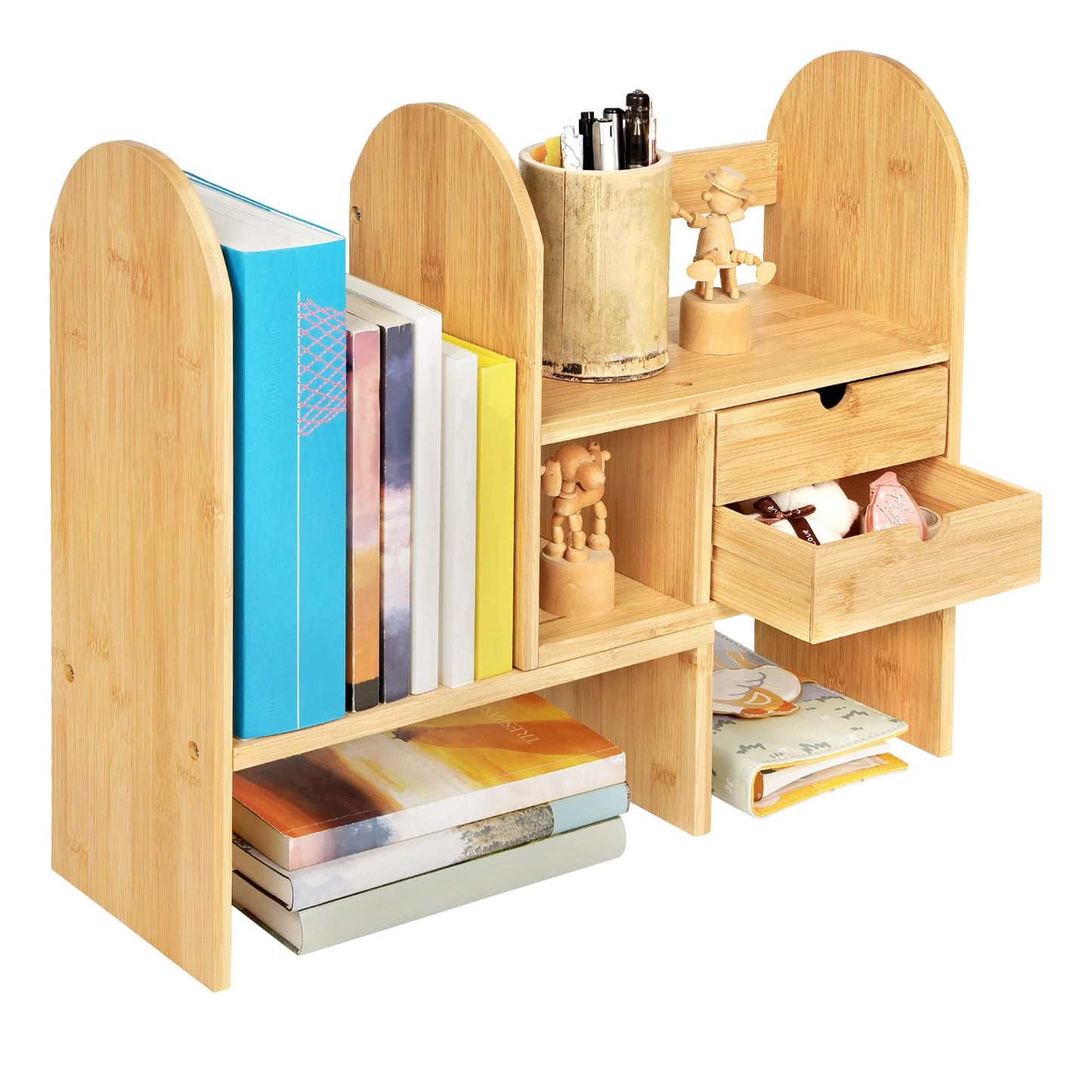 Desktop Bookshelf Organizer for office Desk Shelf with Drawers for Bedroom Dresser Adjustalbe Bamboo Shelves for Balcony Small Storage for Kitchen Standing Shelf for Plants Books