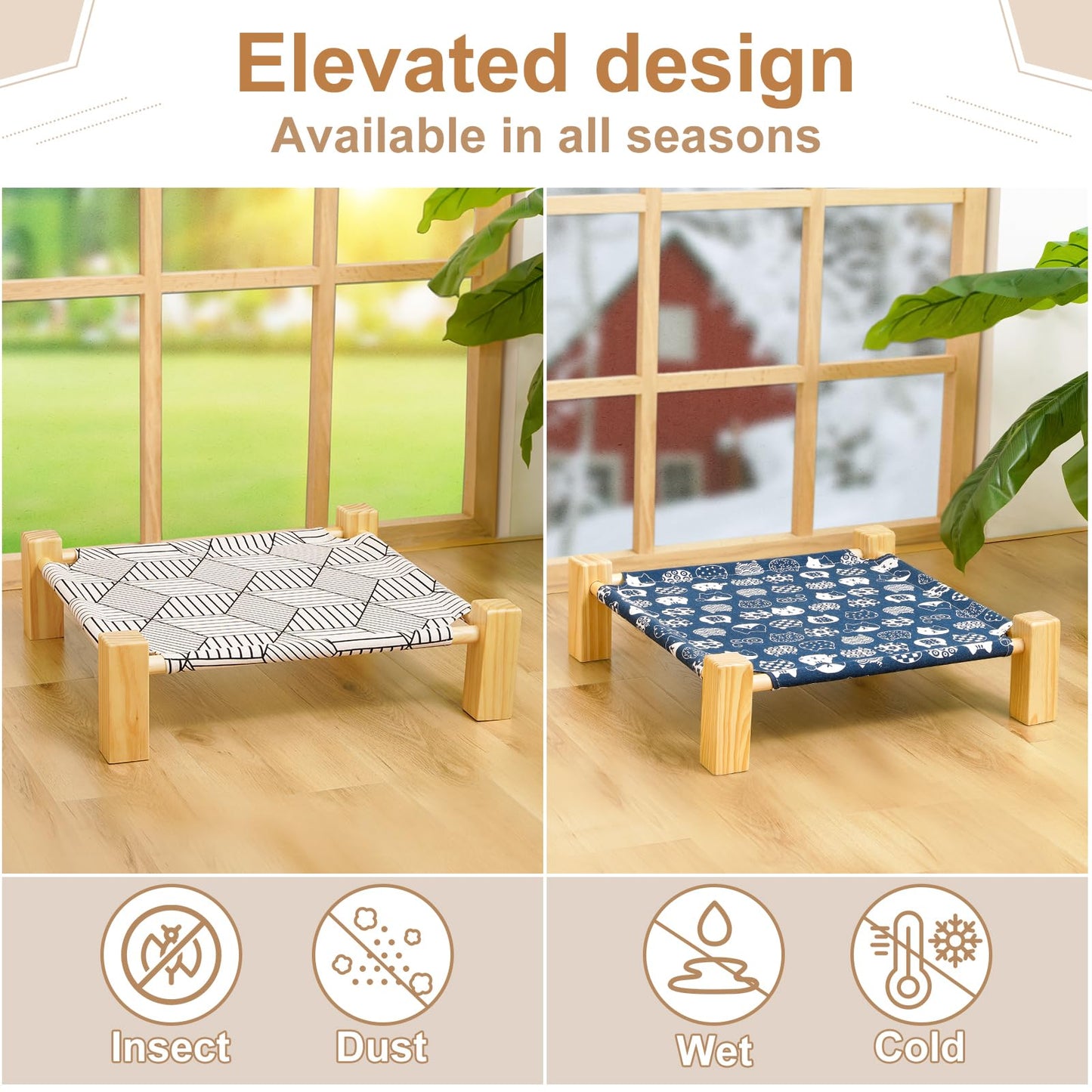 Cat Hammock Bed Elevated Sleeping Chair for 2 Indoor Cats Raised Floor Kitty Cot with Wooden Frame Lifted Stand No Drill Puppy Lounger Pet Beds 18x18in for Kitten Small Dogs Rabbit Bunny