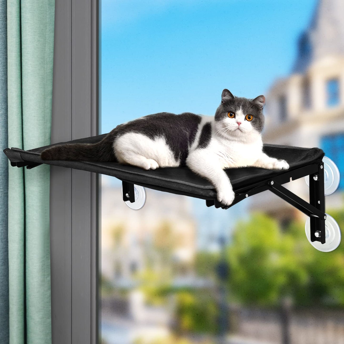 Cat Hammock for Window Perch Cordless Window Bed for 2 Cats Puppies Inside No Drill Kitten Window Sill Ledge Shelves Folding Design Space-Saving Heavy Duty with Sturdy Iron Frame