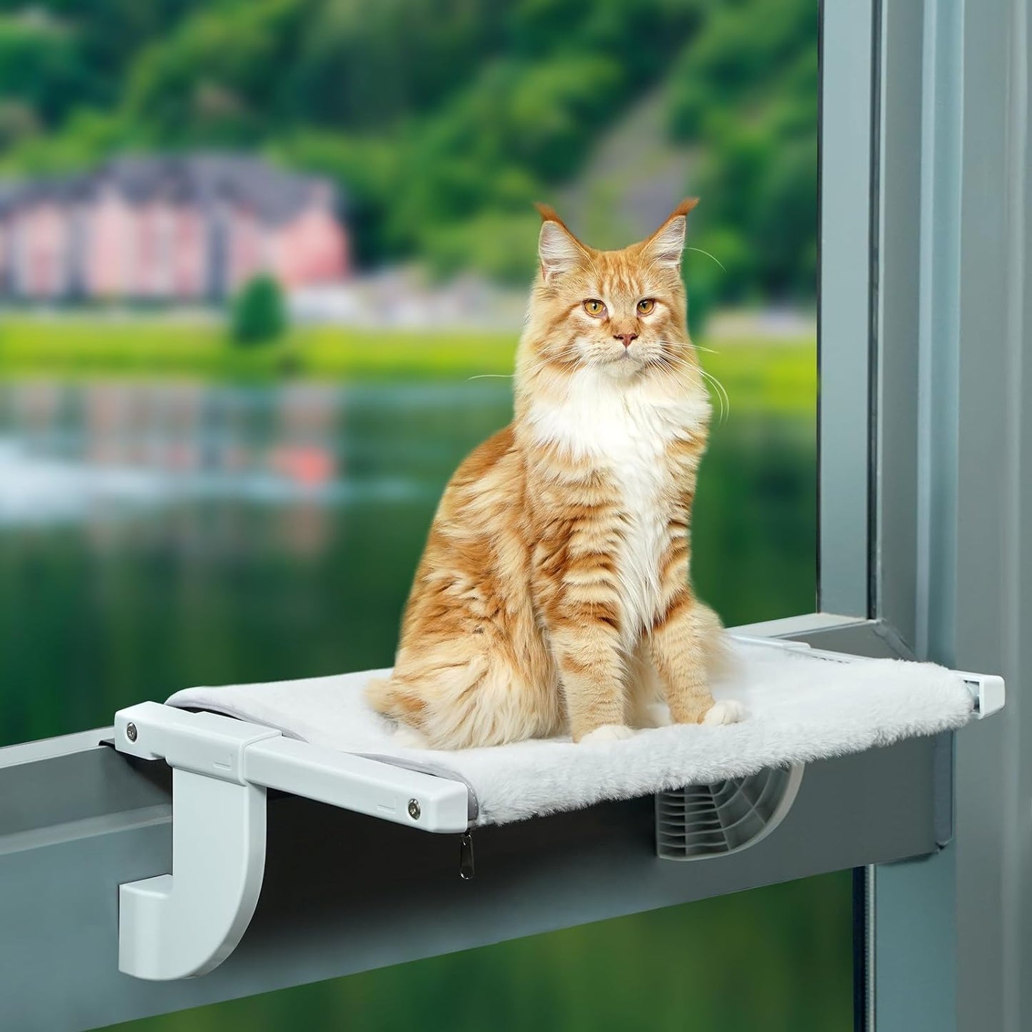 Cat Window Hammock Perch Kitty Bed 26.5 * 13.6” Cat Shelf Bedside Seat for Large Cats No Suction No Drilling Hold up 40lbs Easy to Assemble and Install on Window Sill Hamac Chat Lit Pour Chat Fenêtre