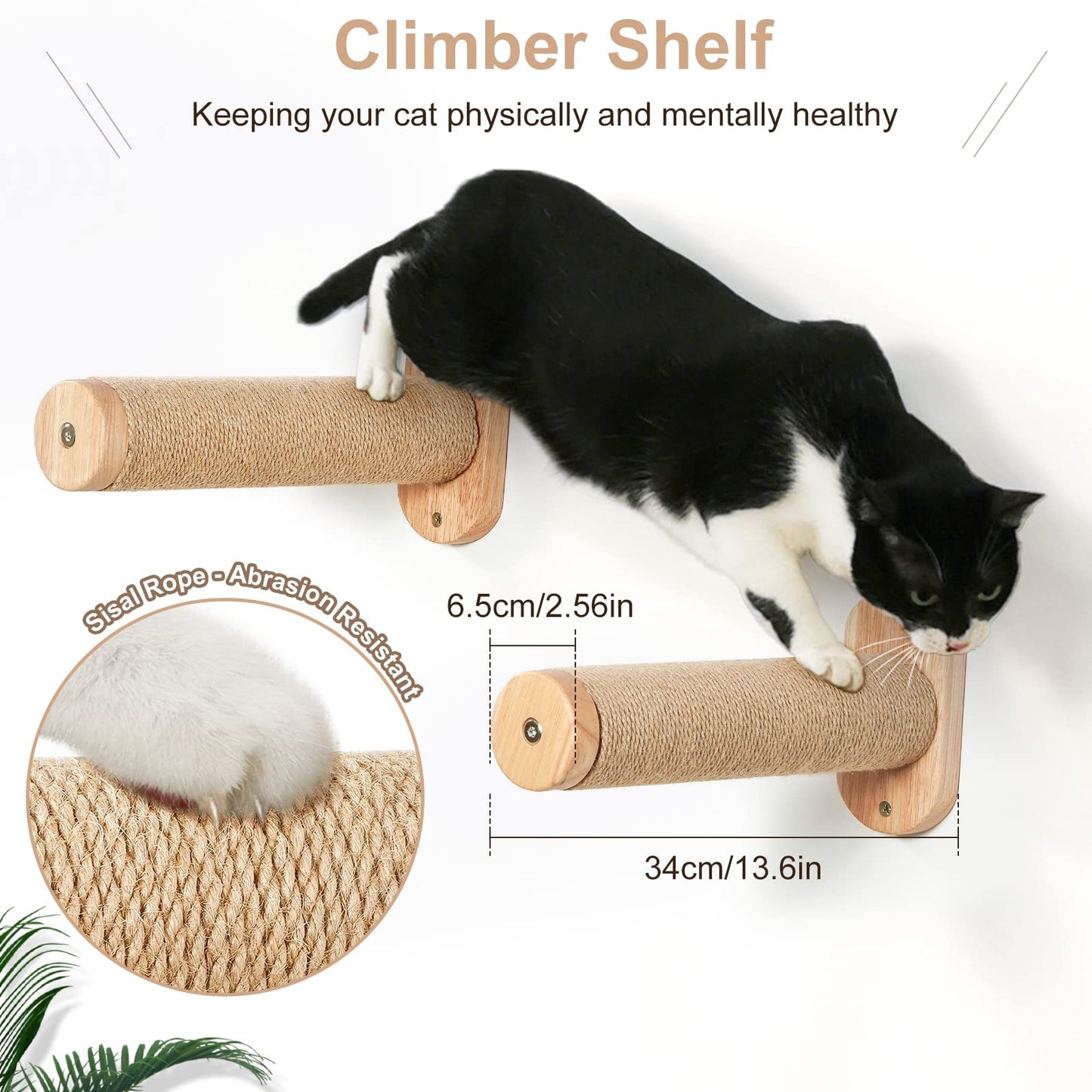 Cat Wall Climber Shelf with 2 Scratcher, Cat Shelves and Perches for Wall with 2 Cat Scratching Post, Cat Wall Perch Bed 15.7"L X 13"W Holding up to 40 lbs, Wall Mounted Cat Furniture and 2 Climbing Stairs