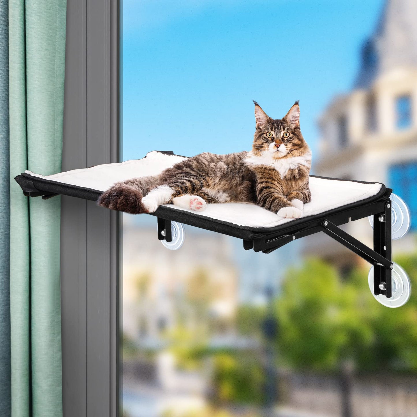 Cat Hammock for Window Perch Cordless Window Bed for 2 Cats Puppies Inside No Drill Kitten Window Sill Ledge Shelves Folding Design Space-Saving Heavy Duty with Sturdy Iron Frame