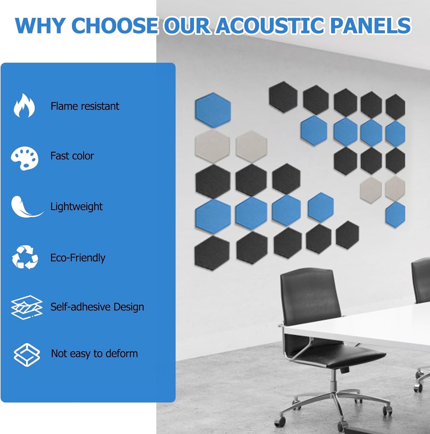 Acoustic Panels Soundproof Absorbing Padding for Wall Tiles Anti Noise Sound Dampening Blocker 12''X10''X0.4'' Self-Adhesive High Density Polyester Foam Pads for Room (M Hexagon 12 Pack)