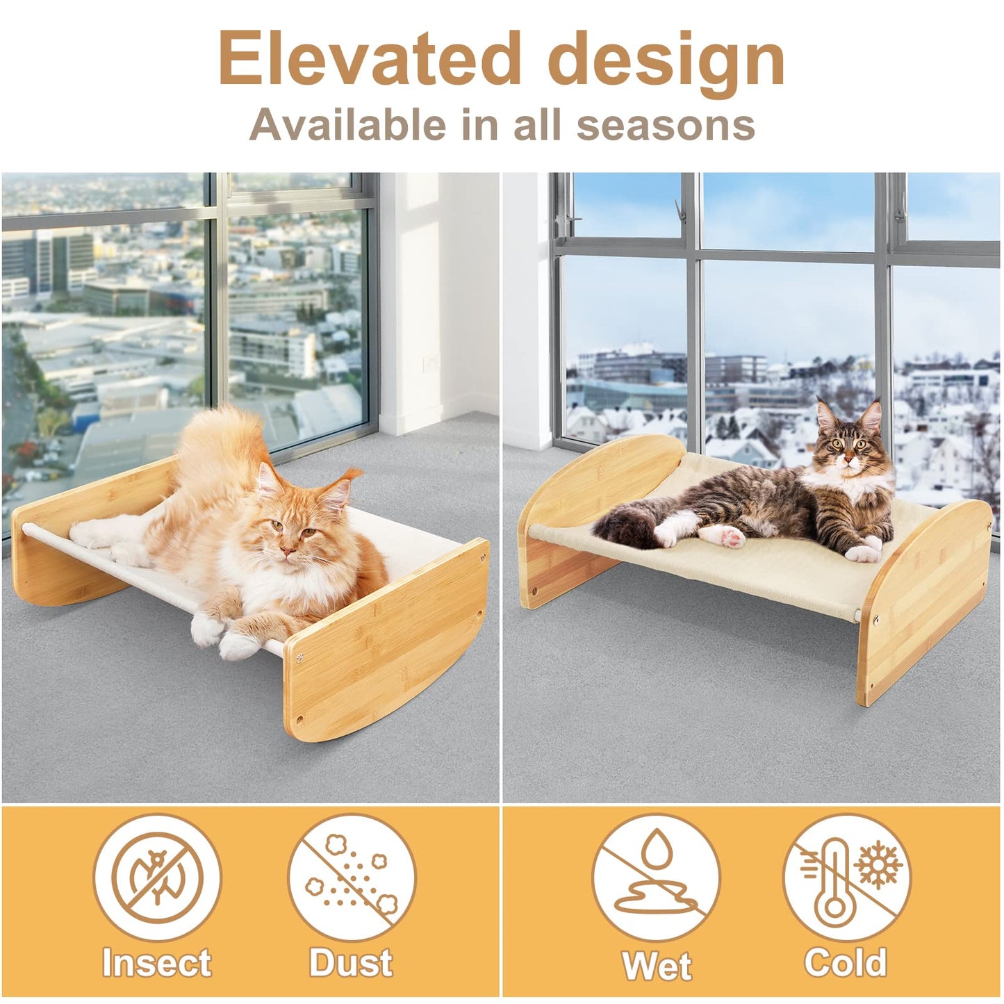 Cat Hammock Swing Bed 2 in 1 Elevated Sleeping Chair for Indoor Cats Raised Floor Kitty Cot with Wooden Frame Lifted Stand Swinging Pet Puppy Lounger Kitten Small Dogs Rabbit Bunny Easy to Assemble