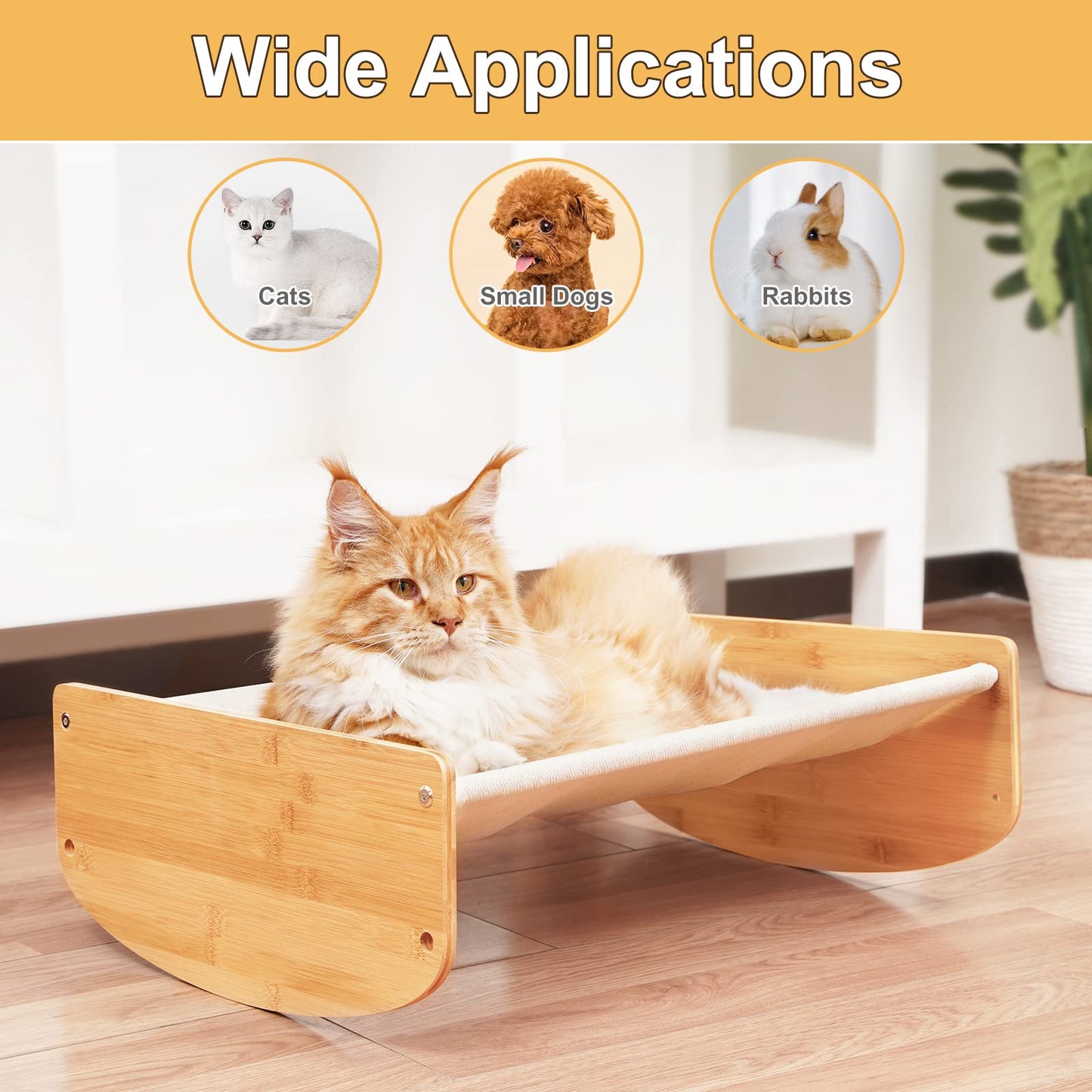 Cat Hammock Swing Bed 2 in 1 Elevated Sleeping Chair for Indoor Cats Raised Floor Kitty Cot with Wooden Frame Lifted Stand Swinging Pet Puppy Lounger Kitten Small Dogs Rabbit Bunny Easy to Assemble