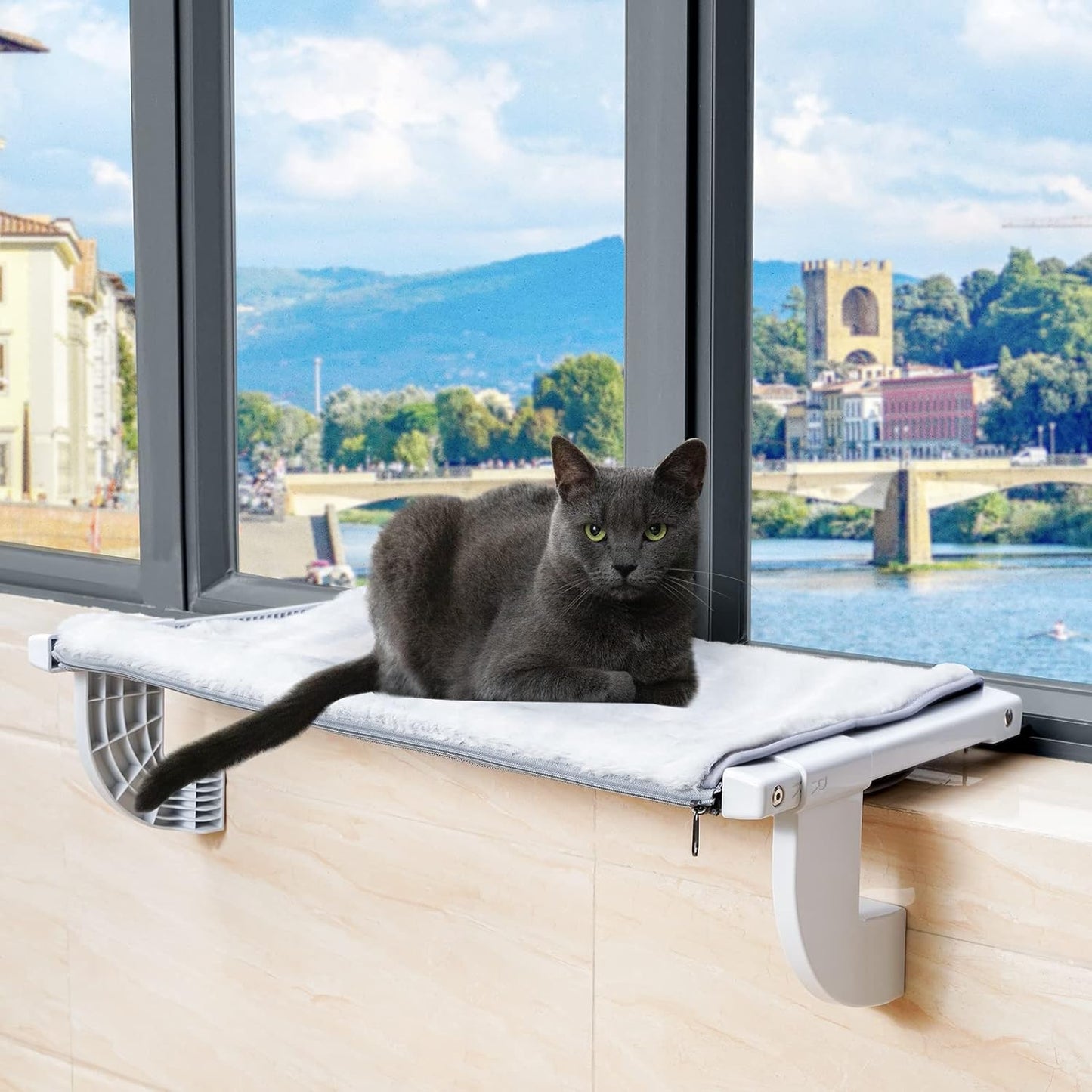 Cat Window Hammock Perch Kitty Bed 26.5 * 13.6” Cat Shelf Bedside Seat for Large Cats No Suction No Drilling Hold up 40lbs Easy to Assemble and Install on Window Sill Hamac Chat Lit Pour Chat Fenêtre