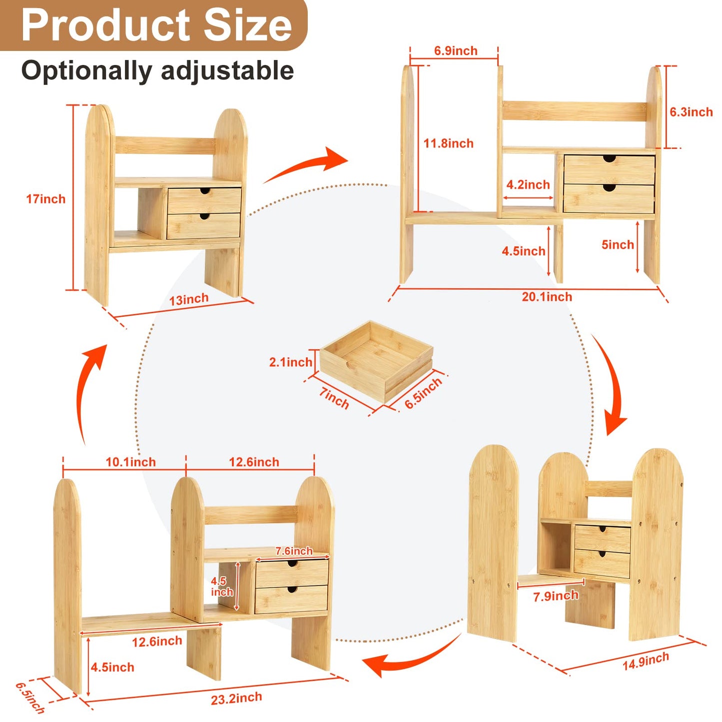 Desktop Bookshelf Organizer for office Desk Shelf with Drawers for Bedroom Dresser Adjustalbe Bamboo Shelves for Balcony Small Storage for Kitchen Standing Shelf for Plants Books