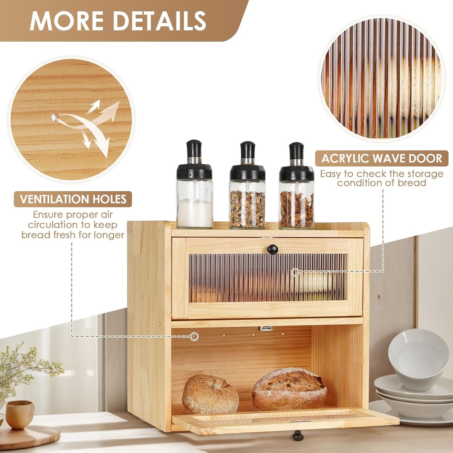 Bread Box Storage Container Double Layer Bin to Keep Bread Fresh Extra Large Morden Bread Boxes for Kitchen Counter Rustic Wood Seasoning Organizer Retro Corner Holder with Lid Airtight