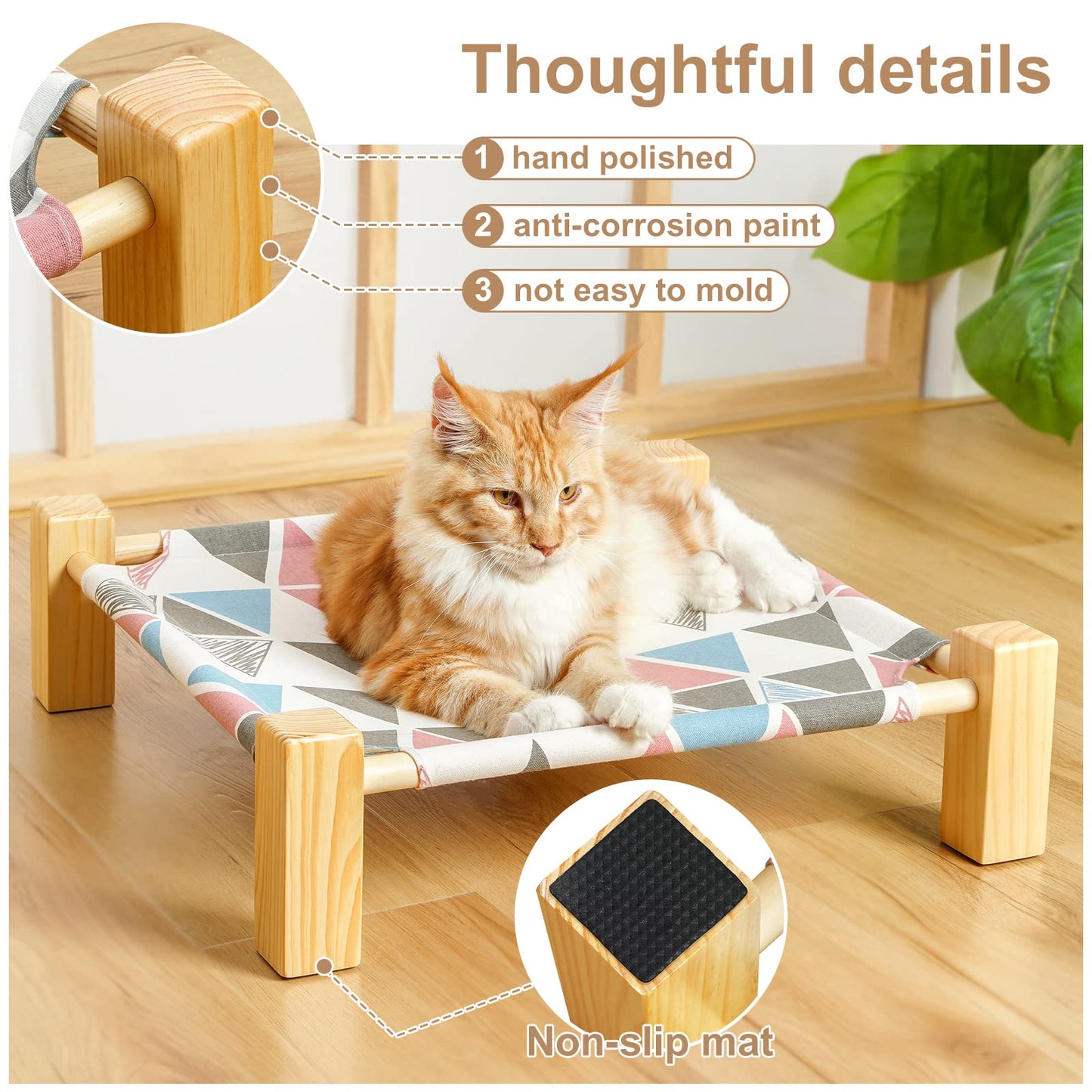 Cat Hammock Bed Elevated Sleeping Chair for 2 Indoor Cats Raised Floor Kitty Cot with Wooden Frame Lifted Stand No Drill Puppy Lounger Pet Beds 18x18in for Kitten Small Dogs Rabbit Bunny