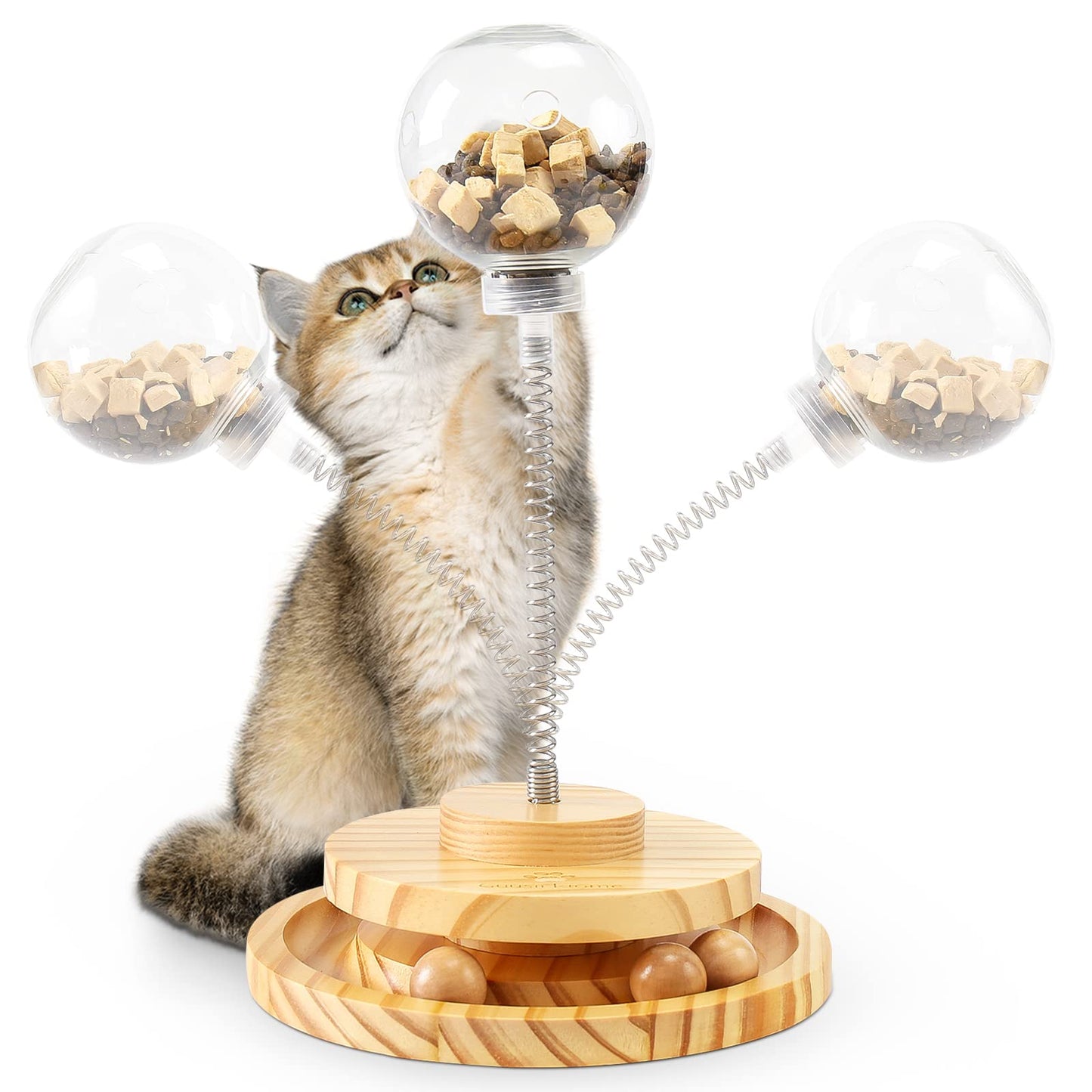 Cat Toy Interactive Funny Treat Feeder Toys for Indoor Cats Food Ball Dispenser 360° Spinning Wooden KittenTrack with 3 Rolling Balls Gifts for Kitty Chat Balle Jouet Interactif