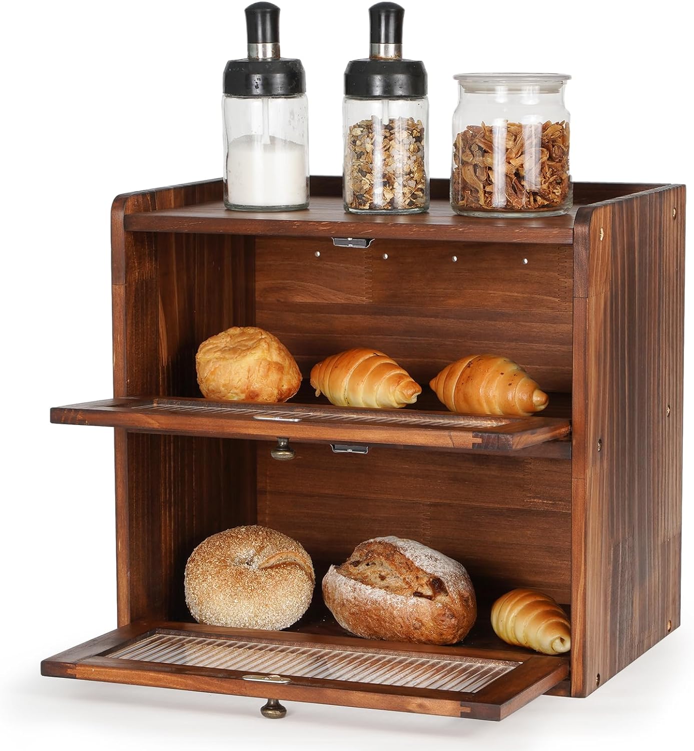 Bread Box Storage Container Double Layer Bin to Keep Bread Fresh Extra Large Morden Bread Boxes for Kitchen Counter Rustic Wood Seasoning Organizer Retro Corner Holder with Lid Airtight