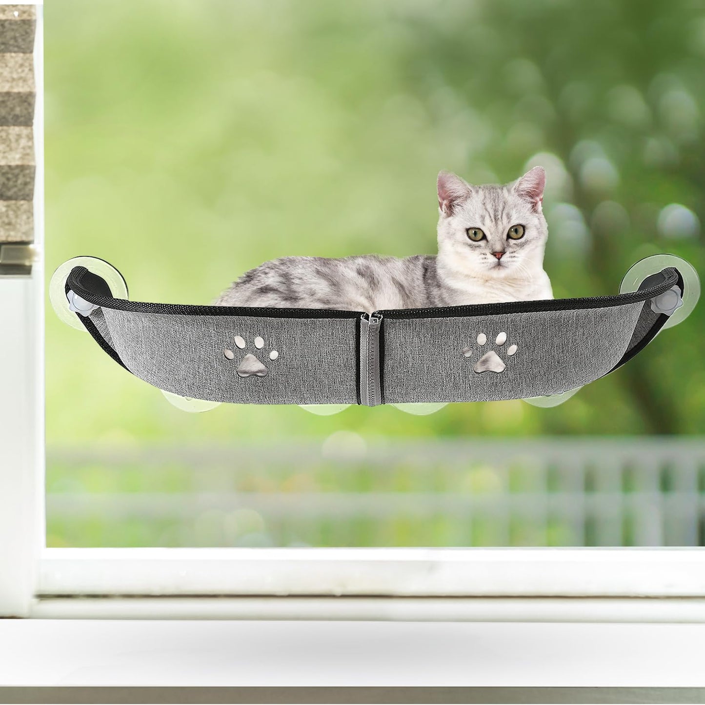 Sunhoo Cat Window Perch Hammock Cordless Cat Bed Seat with 6 Strong Suction Cups for Indoor Cats Windowsill Kitty Shelf Sunbathing Ledge Larger Size L27.6*W9.4*H5.9in Easy to Assemble Hamac Pour Chat