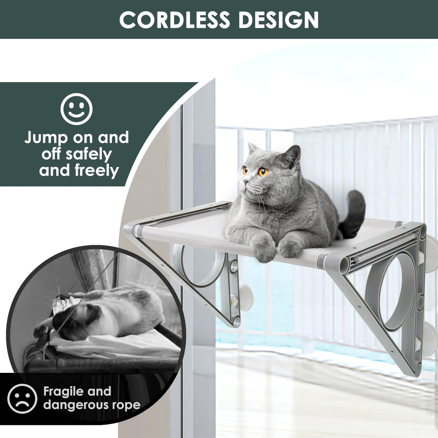 Sunhoo Cat Window Hammock Bed Cordless Cat Perch Window Sill Seat for Large Indoor Cats Sturdy Kitten Shelf Suction Cup Sunbathing Ledge Hold up to 44lbs/48.5lbs Easy to Assemble 22.64 * 13 * 13''/27.56 * 13 * 13''