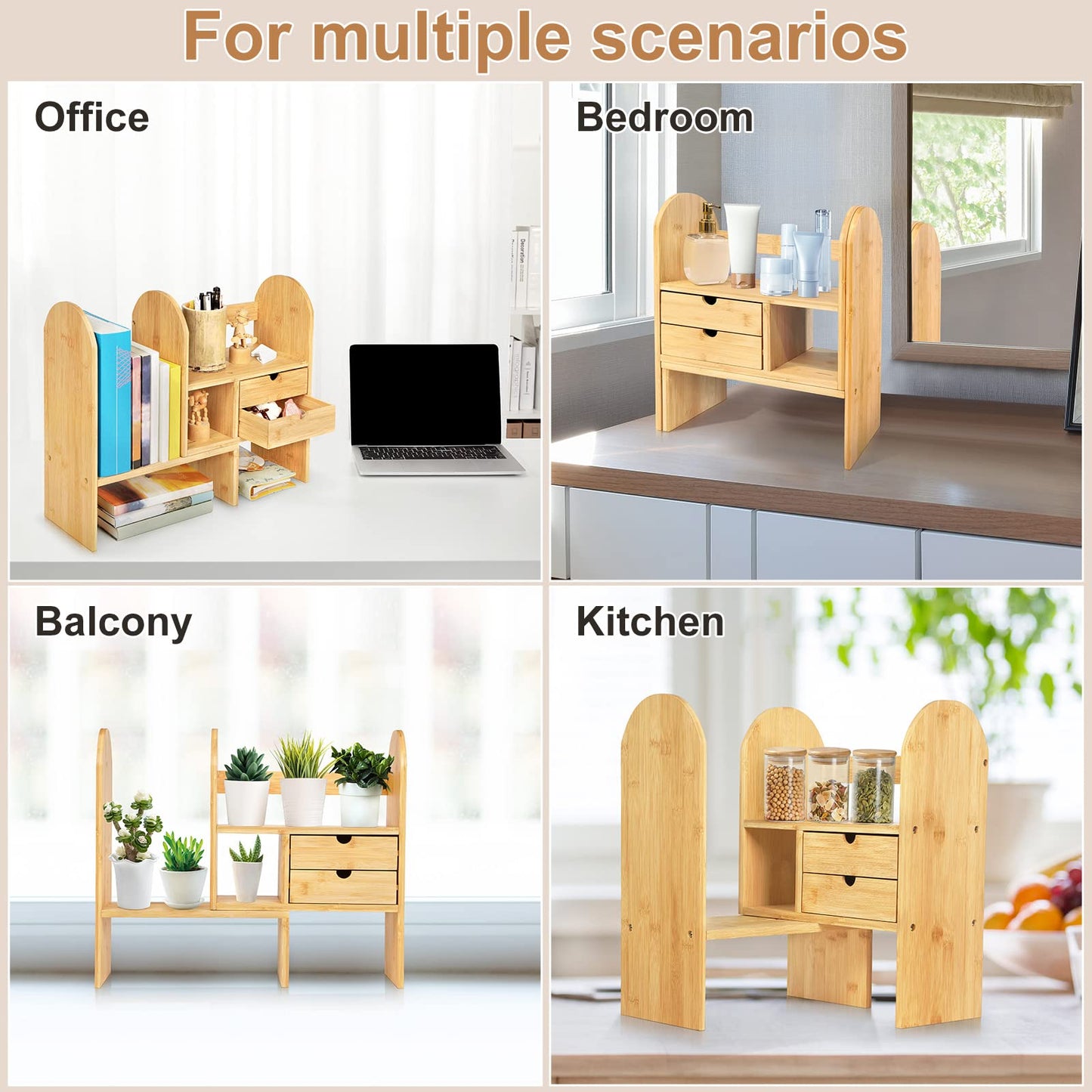 Desktop Bookshelf Organizer for office Desk Shelf with Drawers for Bedroom Dresser Adjustalbe Bamboo Shelves for Balcony Small Storage for Kitchen Standing Shelf for Plants Books