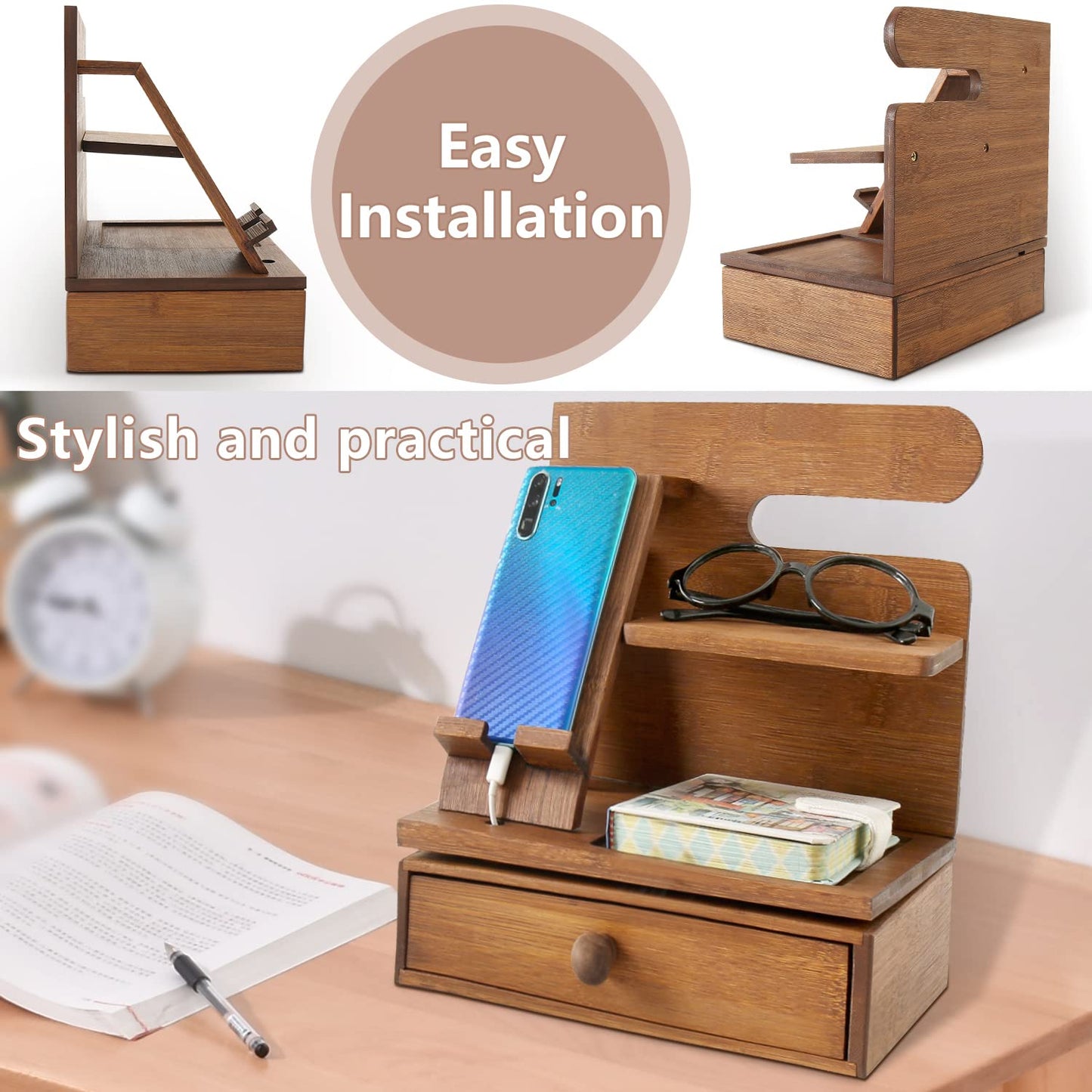 Bamboo Desktop Phone Docking Station with Drawer Nightstand Organizer Home&Office Multifunction Wallet Stand Glasses Watch Holder Gift Idea Men Husband Daddy Valentines Father’s Day Christmas Birthday