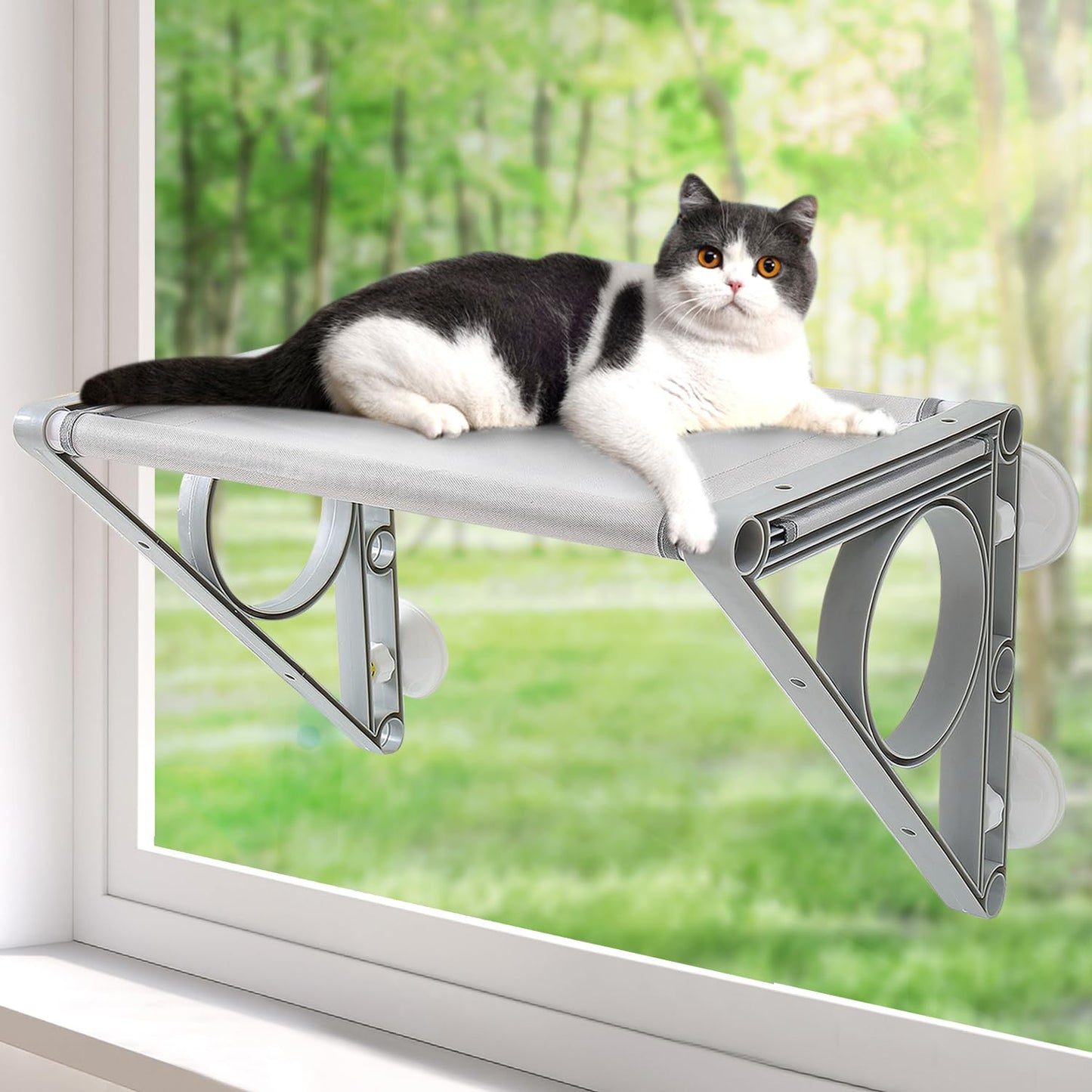 Sunhoo Cat Window Hammock Bed Cordless Cat Perch Window Sill Seat for Large Indoor Cats Sturdy Kitten Shelf Suction Cup Sunbathing Ledge Hold up to 44lbs/48.5lbs Easy to Assemble 22.64 * 13 * 13''/27.56 * 13 * 13''