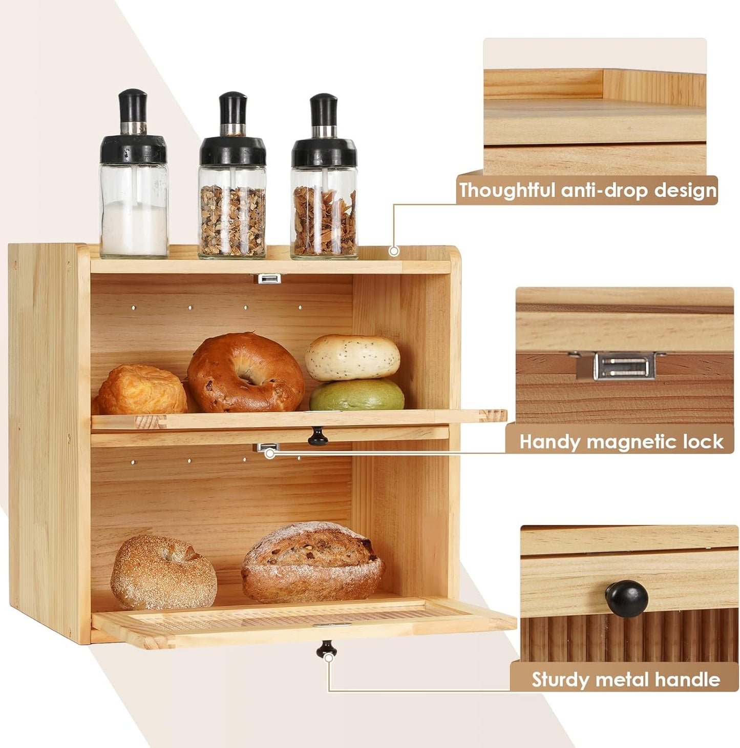 Bread Box Storage Container Double Layer Bin to Keep Bread Fresh Extra Large Morden Bread Boxes for Kitchen Counter Rustic Wood Seasoning Organizer Retro Corner Holder with Lid Airtight