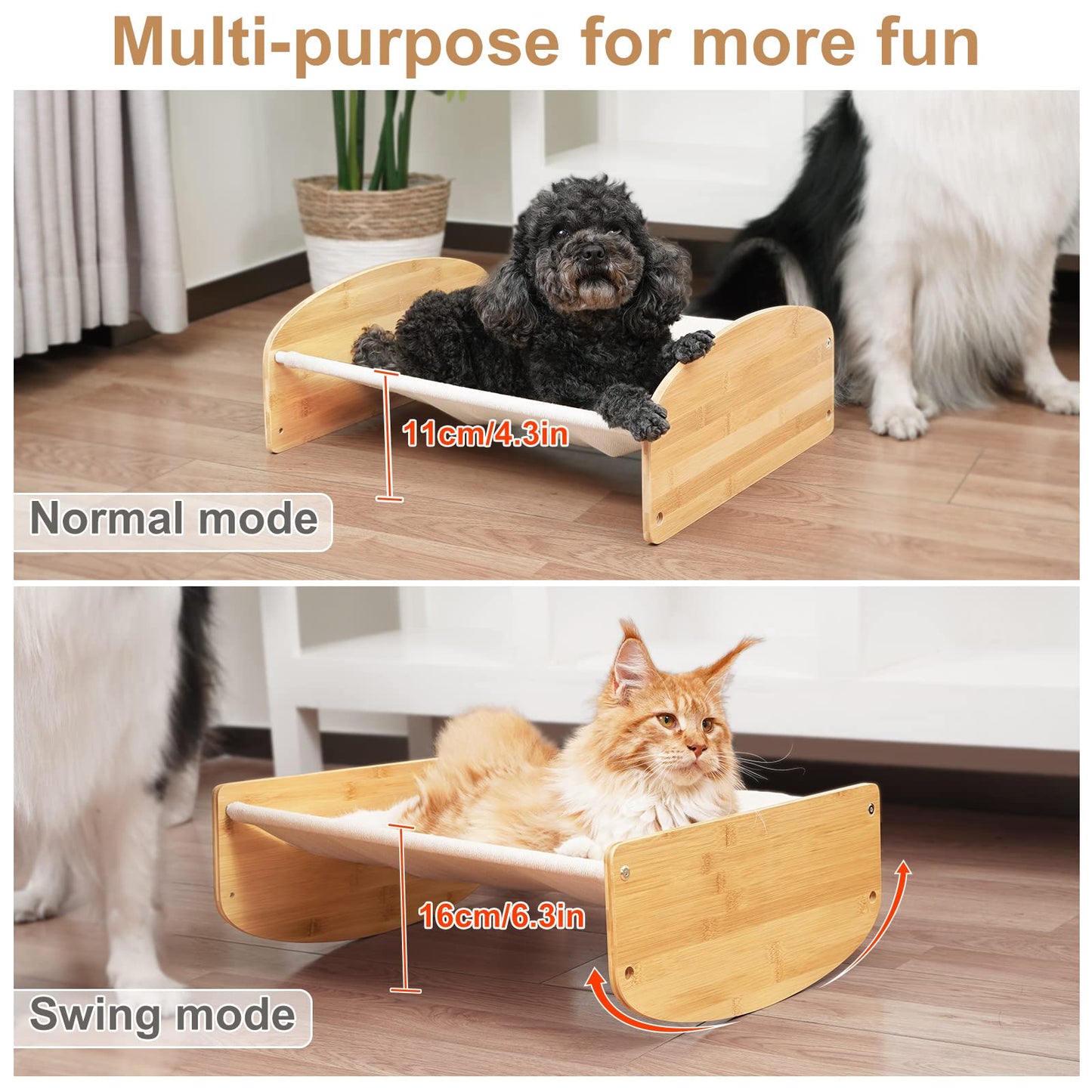 Cat Hammock Swing Bed 2 in 1 Elevated Sleeping Chair for Indoor Cats Raised Floor Kitty Cot with Wooden Frame Lifted Stand Swinging Pet Puppy Lounger Kitten Small Dogs Rabbit Bunny Easy to Assemble