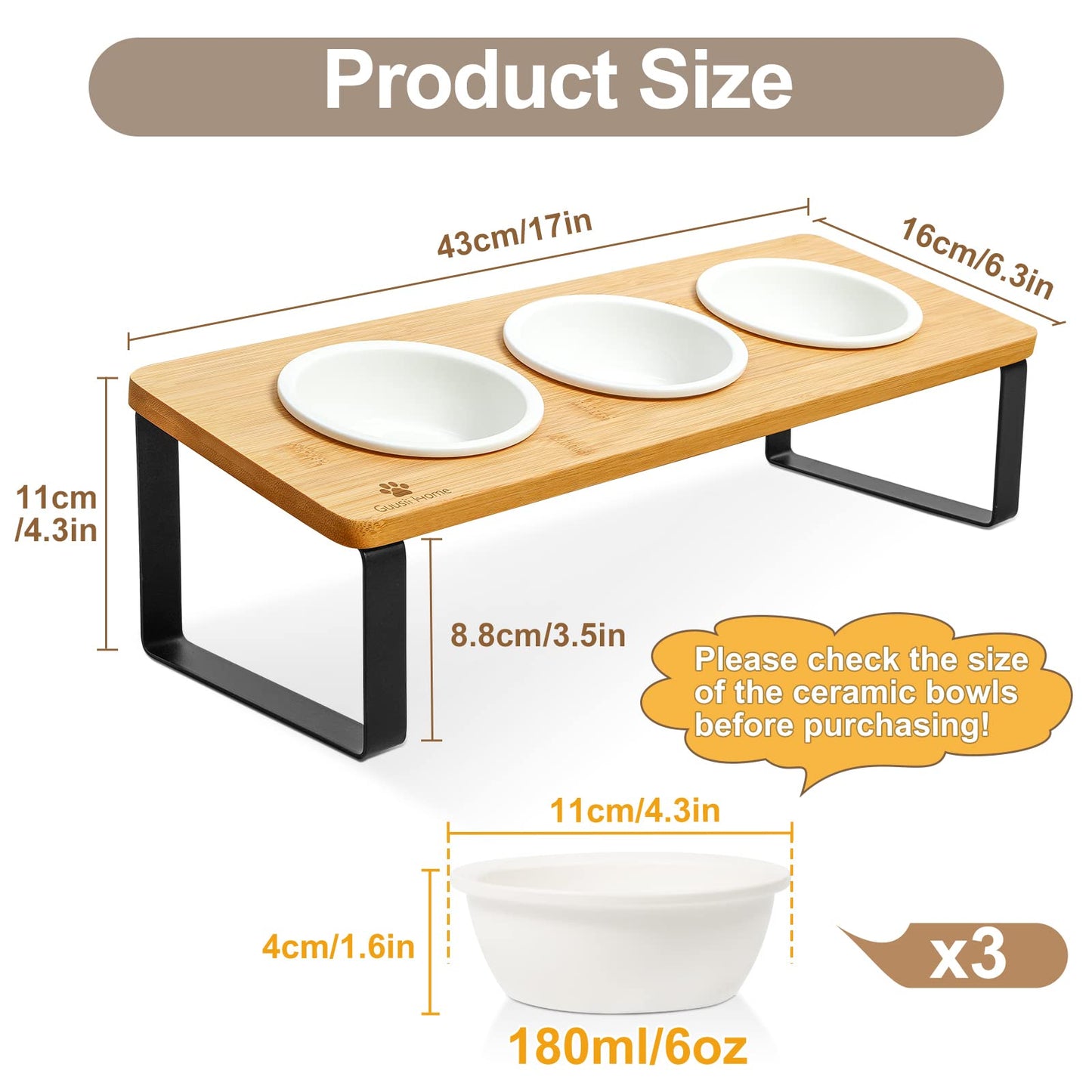 Elevated Cat Food Bowl Raised Kitty Dish Ceramic Tilted Pet Bowls Set of 3 Indoor Cats Dishes Dia 4.3in/11cm Anti Vomiting with Natural Bamboo Stand Gamelle Pour Chat