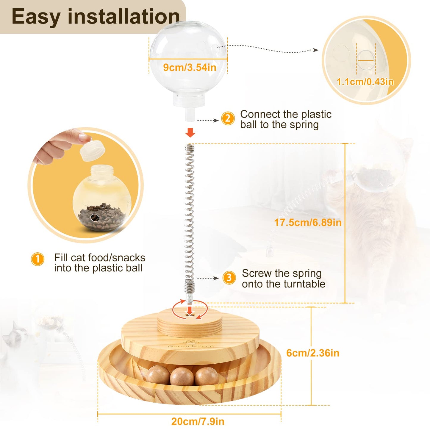 Cat Toy Interactive Funny Treat Feeder Toys for Indoor Cats Food Ball Dispenser 360° Spinning Wooden KittenTrack with 3 Rolling Balls Gifts for Kitty Chat Balle Jouet Interactif