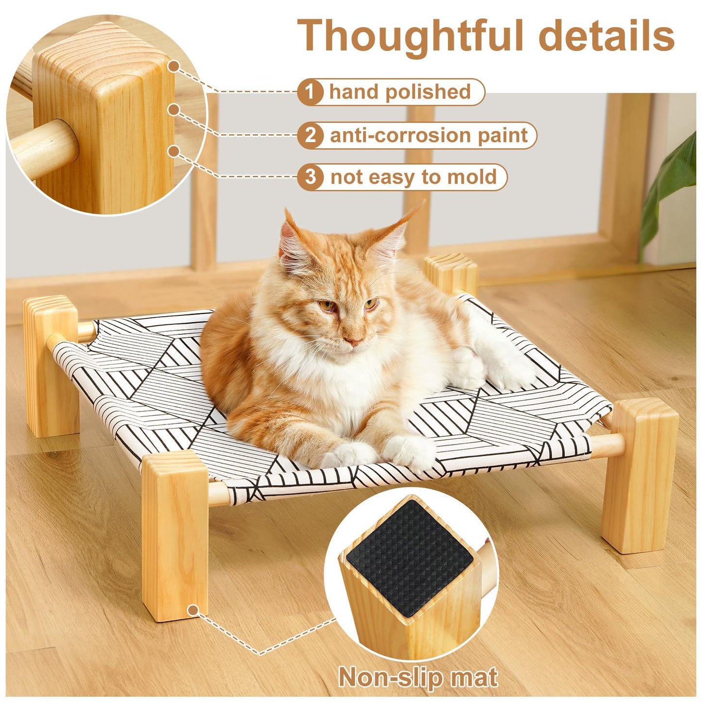 Cat Hammock Bed Elevated Sleeping Chair for 2 Indoor Cats Raised Floor Kitty Cot with Wooden Frame Lifted Stand No Drill Puppy Lounger Pet Beds 18x18in for Kitten Small Dogs Rabbit Bunny