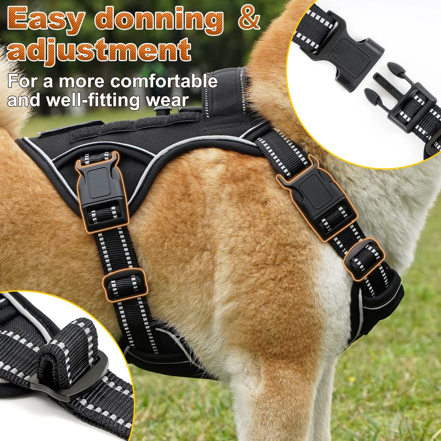 Reflective Dog Harness for Medium Large Dogs with Handle No Pull Tactical Training Vest Adjustable Front Clip Service Dog Harnesses and Magnetic Bungee Leash Set Heavy Duty XL Pechera para Perros