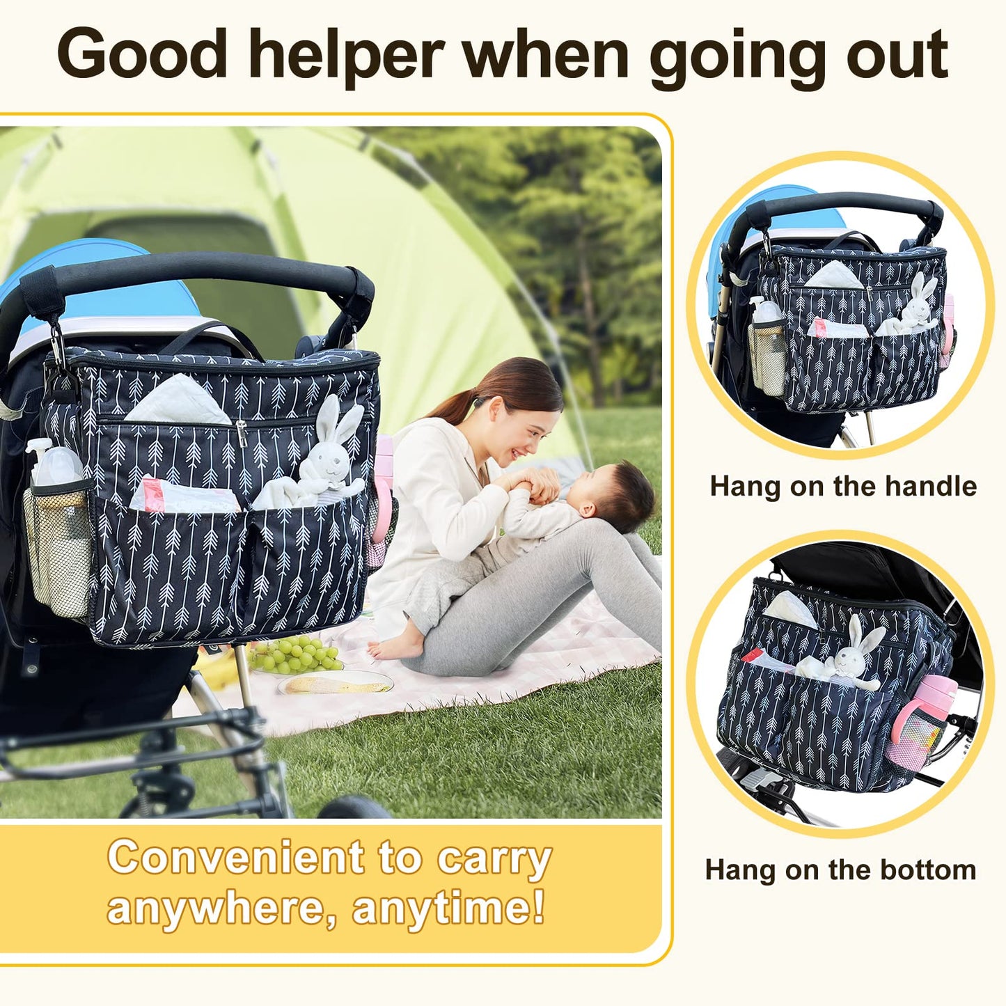 Universal Stroller Organizer Backpack with Cup Holder Diaper Bag Storage Bag for Newborn Baby Parents Fit Various Prams