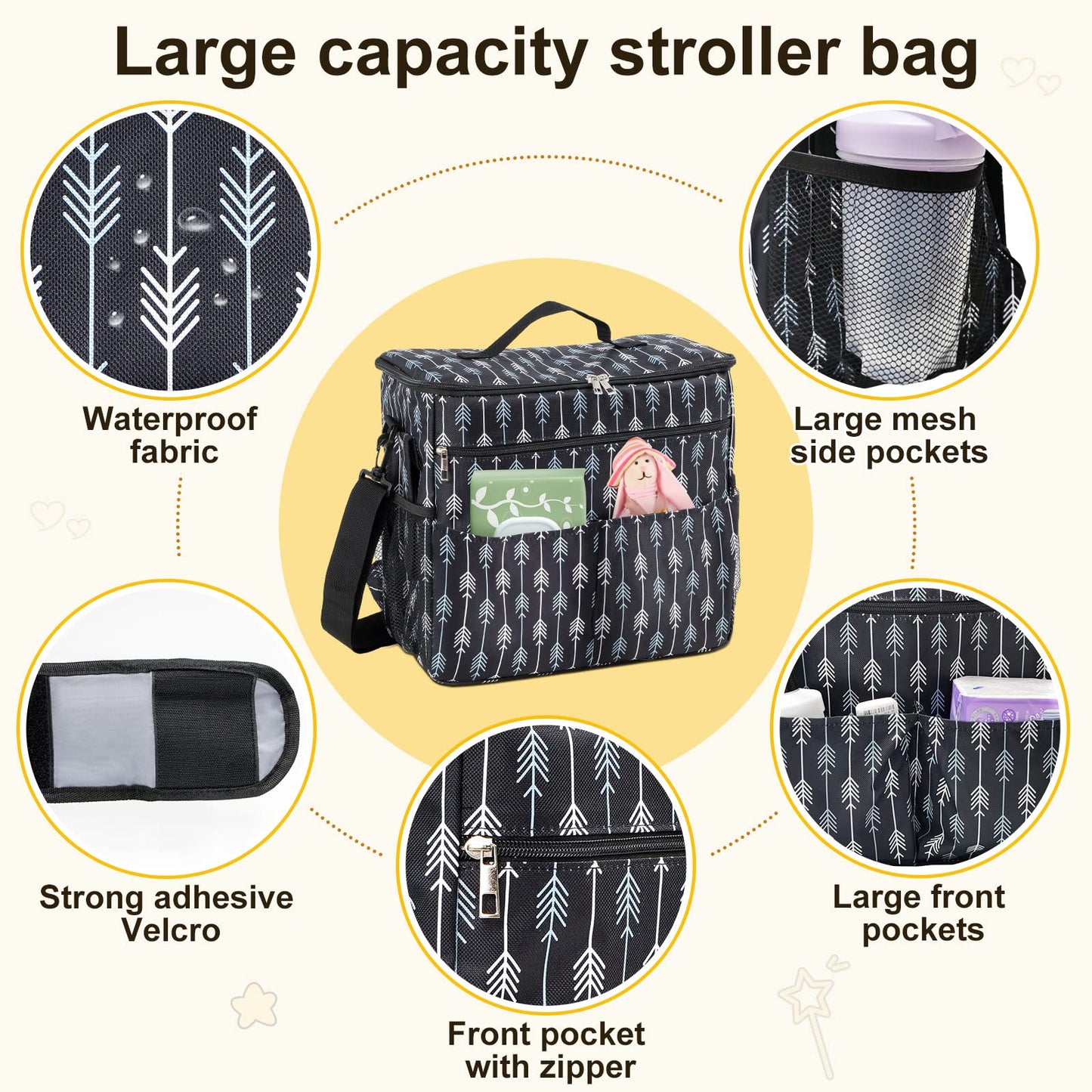 Universal Stroller Organizer Backpack with Cup Holder Diaper Bag Storage Bag for Newborn Baby Parents Fit Various Prams