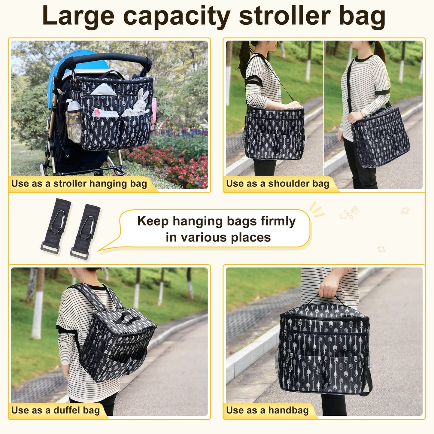 Universal Stroller Organizer Backpack with Cup Holder Diaper Bag Storage Bag for Newborn Baby Parents Fit Various Prams