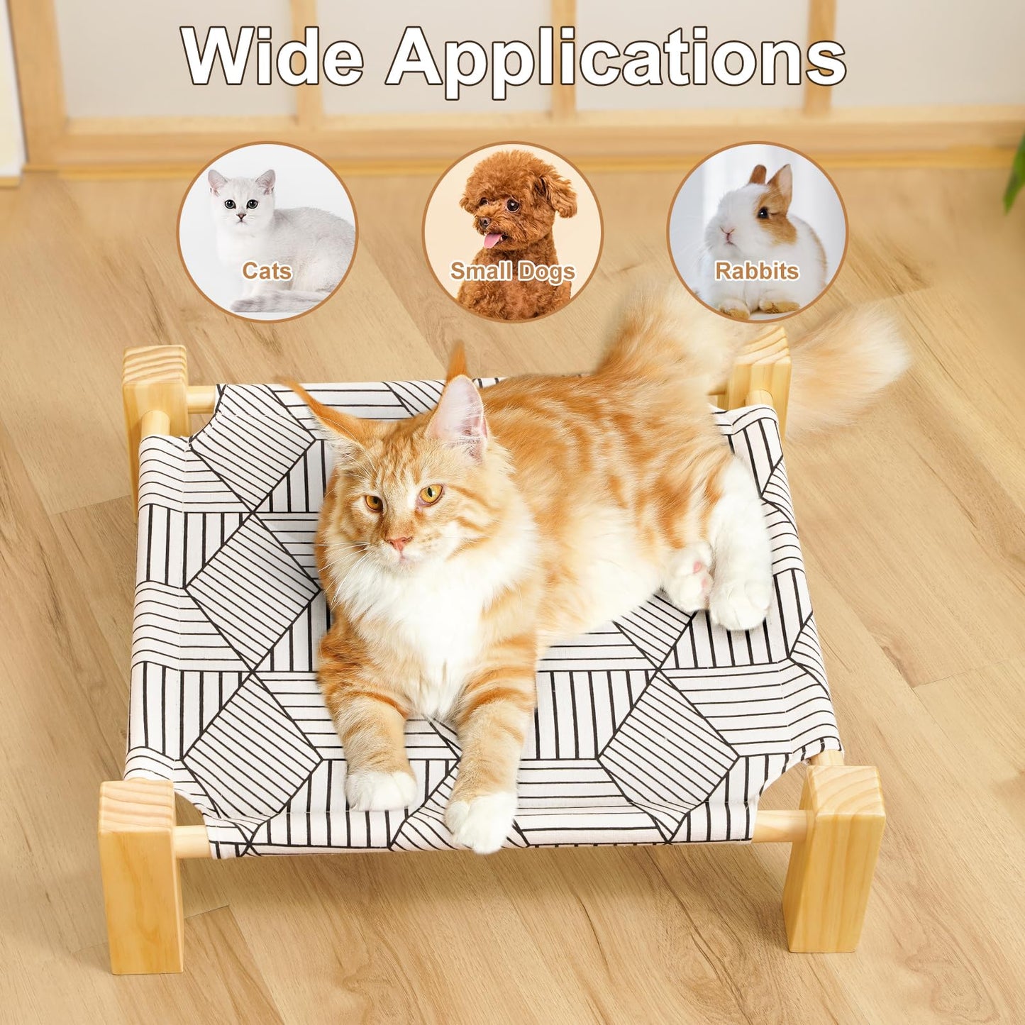 Cat Hammock Bed Elevated Sleeping Chair for 2 Indoor Cats Raised Floor Kitty Cot with Wooden Frame Lifted Stand No Drill Puppy Lounger Pet Beds 18x18in for Kitten Small Dogs Rabbit Bunny