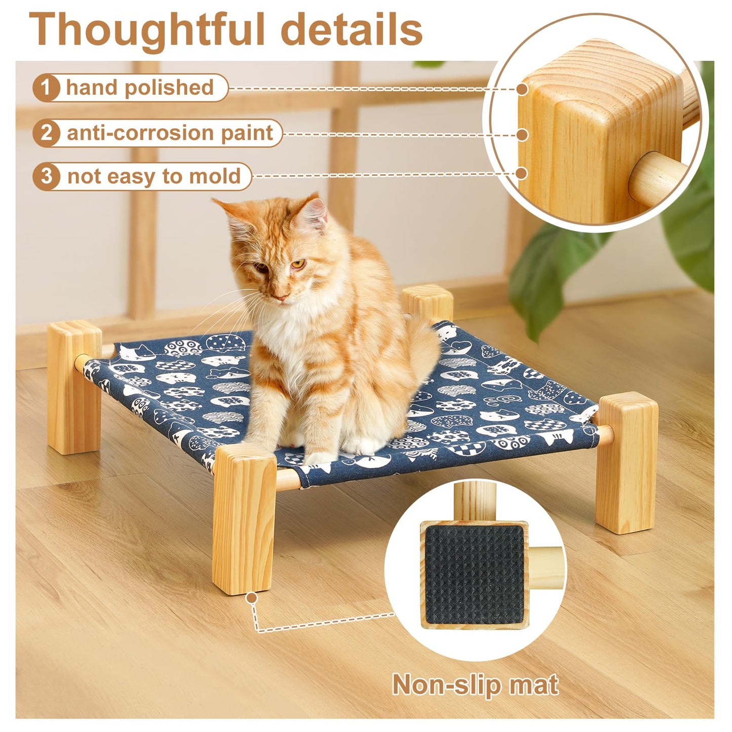 Cat Hammock Bed Elevated Sleeping Chair for 2 Indoor Cats Raised Floor Kitty Cot with Wooden Frame Lifted Stand No Drill Puppy Lounger Pet Beds 18x18in for Kitten Small Dogs Rabbit Bunny